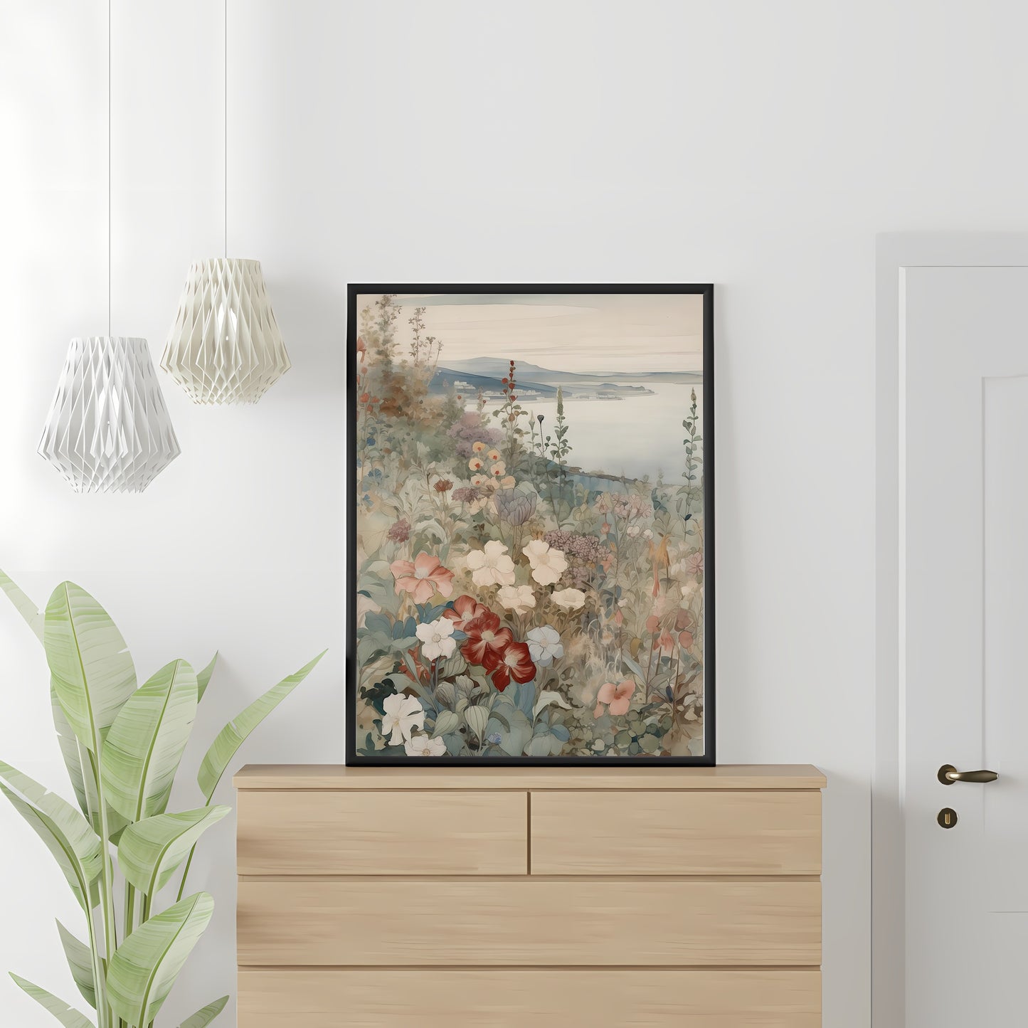 French Coastal Wildflower Meadow Watercolor Painting Paper Poster Prints Hills, Blooming Flowers, Seaside Village, Rustic Home Decor Art, Pastel Colors