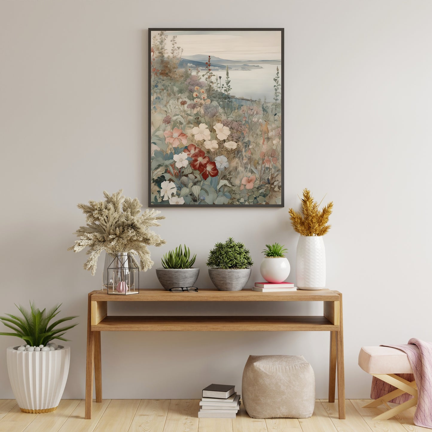 French Coastal Wildflower Meadow Watercolor Painting Paper Poster Prints Hills, Blooming Flowers, Seaside Village, Rustic Home Decor Art, Pastel Colors