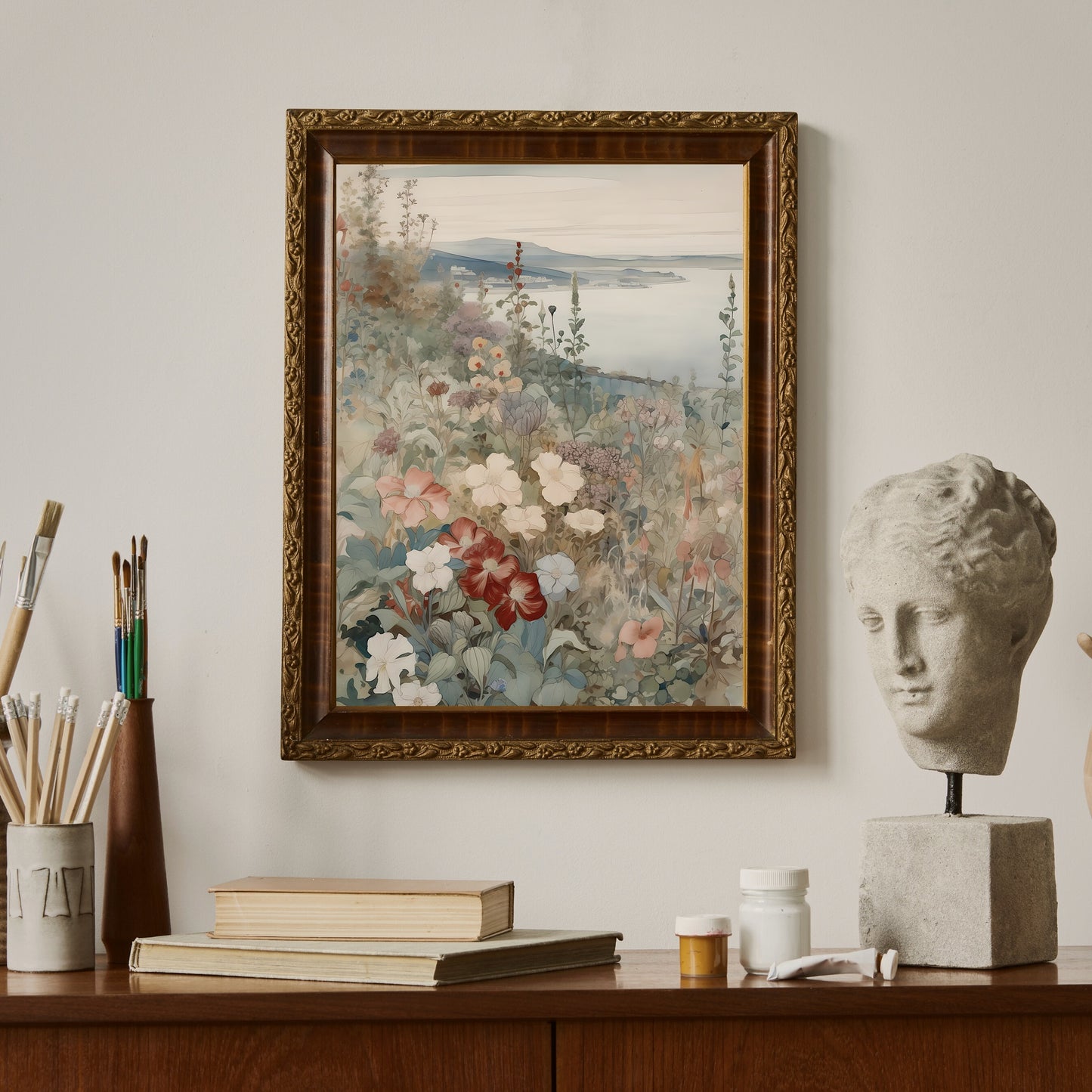 French Coastal Wildflower Meadow Watercolor Painting Paper Poster Prints Hills, Blooming Flowers, Seaside Village, Rustic Home Decor Art, Pastel Colors