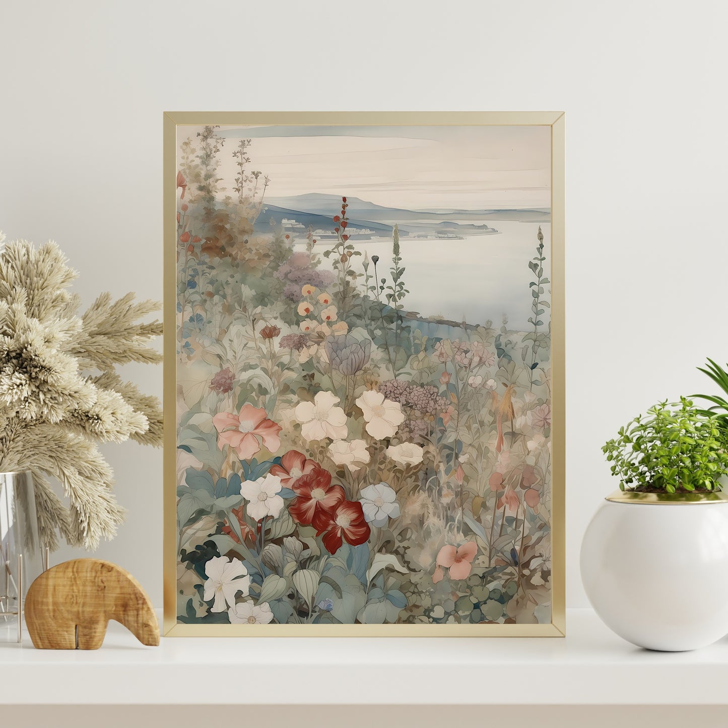 French Coastal Wildflower Meadow Watercolor Painting Paper Poster Prints Hills, Blooming Flowers, Seaside Village, Rustic Home Decor Art, Pastel Colors