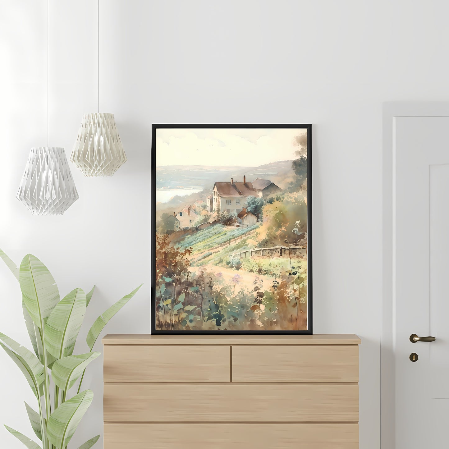 French Vineyard Farmhouse Watercolor Painting Paper Poster Prints Lake Hill, Neutral Colors, Rustic Home Decor Art, Countryside Wall Art