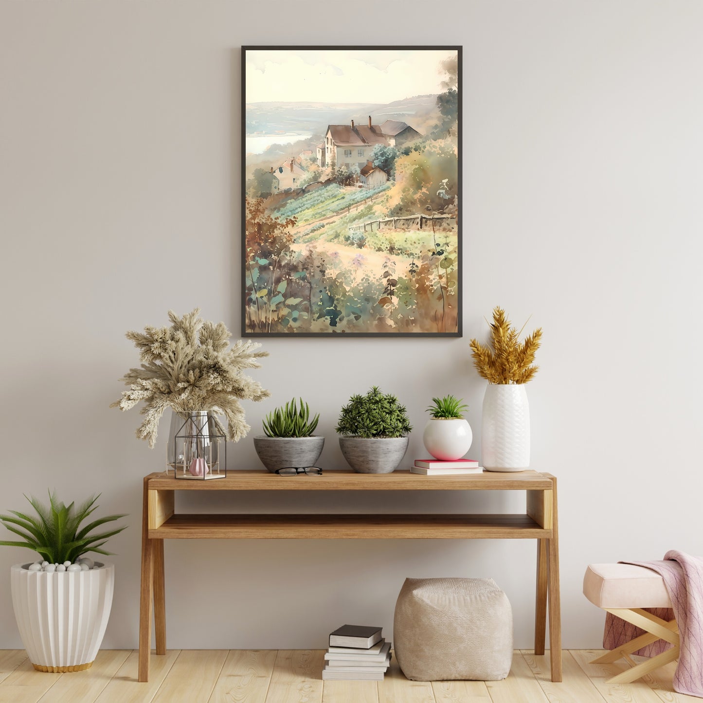 French Vineyard Farmhouse Watercolor Painting Paper Poster Prints Lake Hill, Neutral Colors, Rustic Home Decor Art, Countryside Wall Art