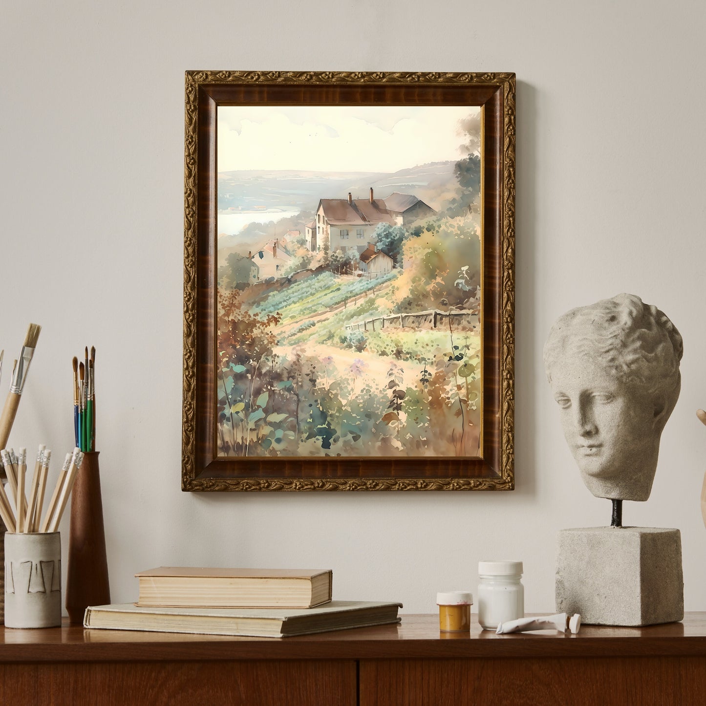 French Vineyard Farmhouse Watercolor Painting Paper Poster Prints Lake Hill, Neutral Colors, Rustic Home Decor Art, Countryside Wall Art