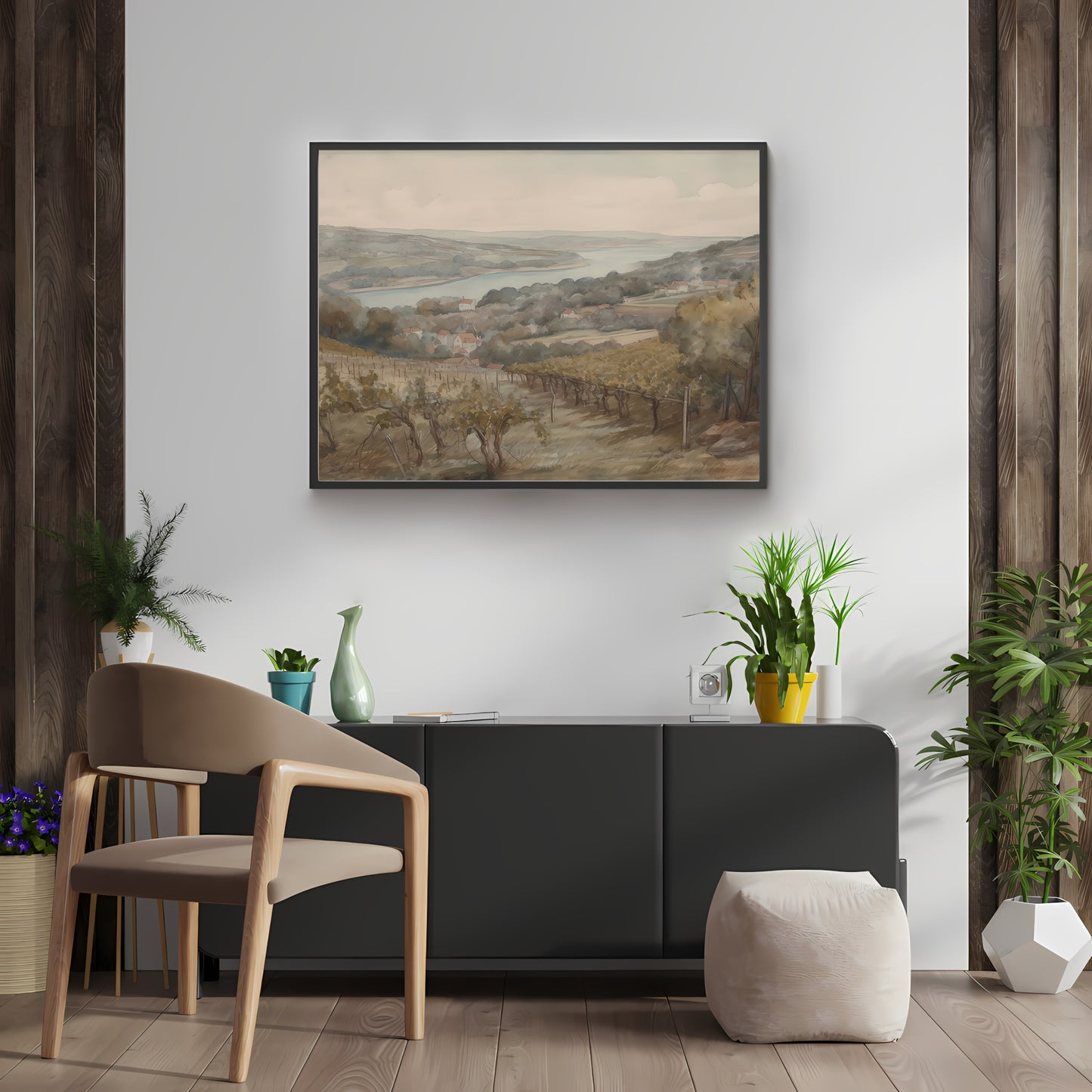 French Vineyard Hillside Watercolor Painting Paper Poster Prints Village by Lake, Rolling Hills, Earthy Muted Colors, Rustic Home Decor Art