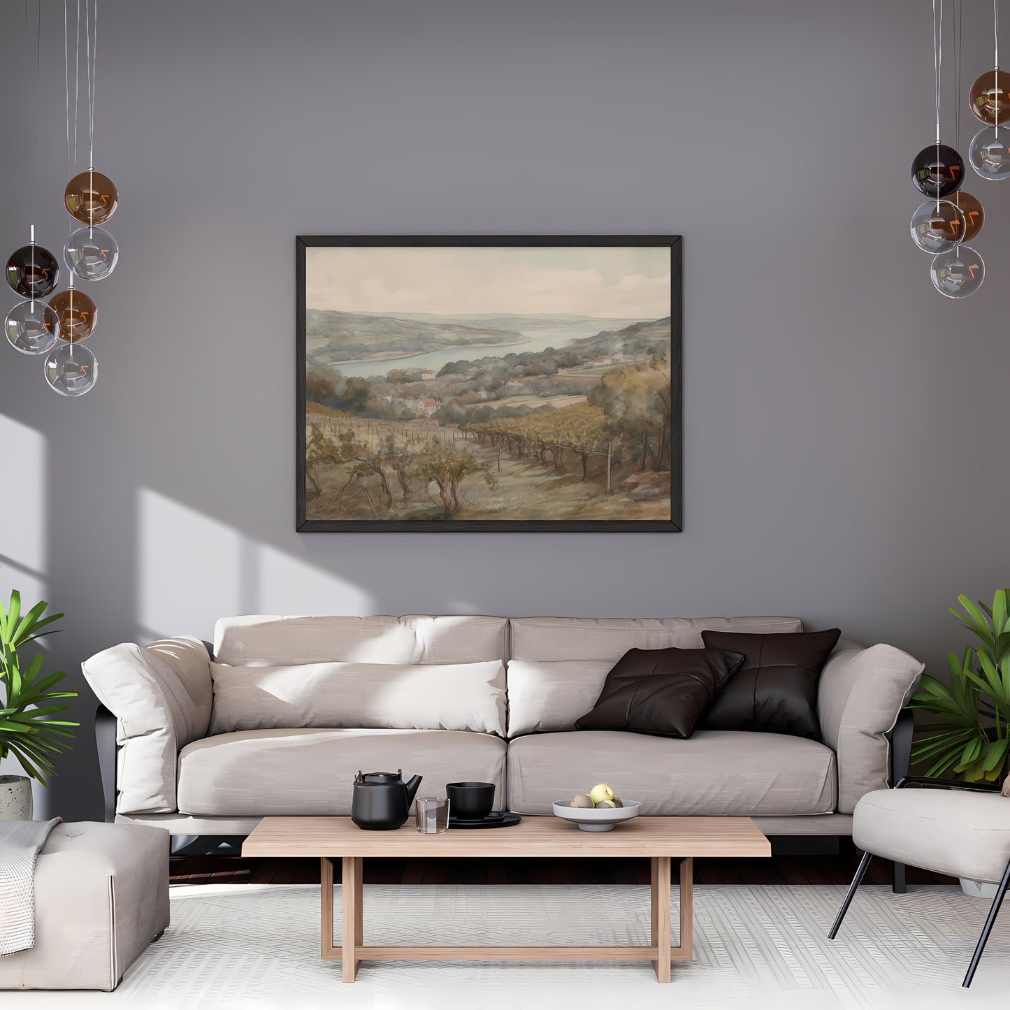 French Vineyard Hillside Watercolor Painting Paper Poster Prints Village by Lake, Rolling Hills, Earthy Muted Colors, Rustic Home Decor Art