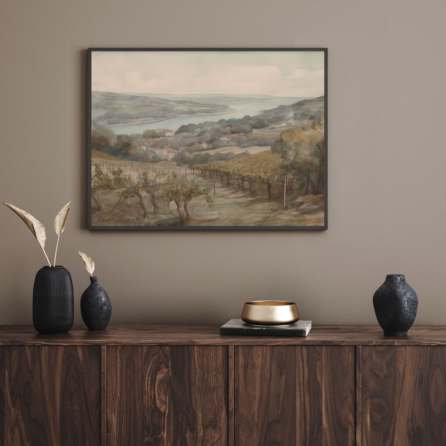 French Vineyard Hillside Watercolor Painting Paper Poster Prints Village by Lake, Rolling Hills, Earthy Muted Colors, Rustic Home Decor Art