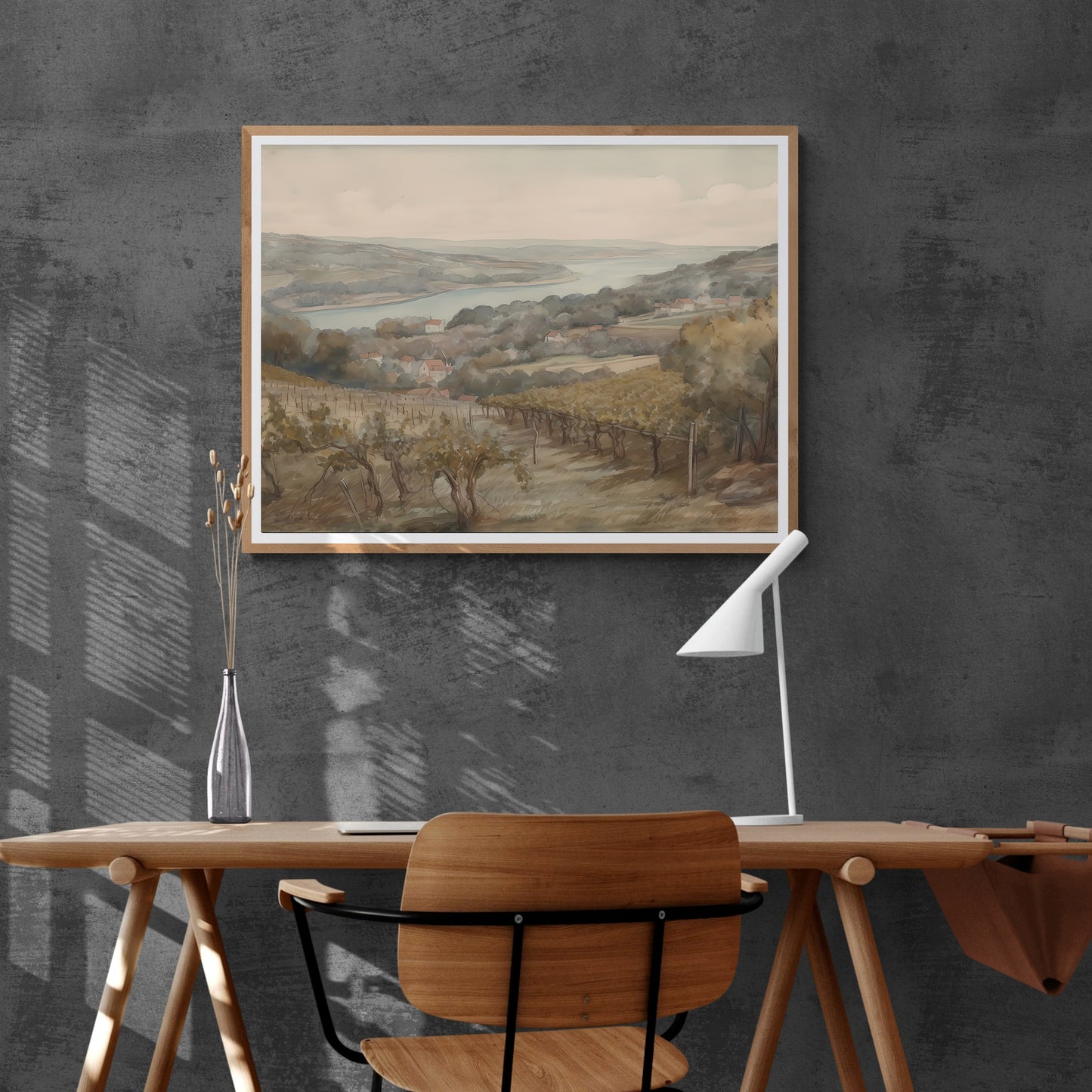 French Vineyard Hillside Watercolor Painting Paper Poster Prints Village by Lake, Rolling Hills, Earthy Muted Colors, Rustic Home Decor Art
