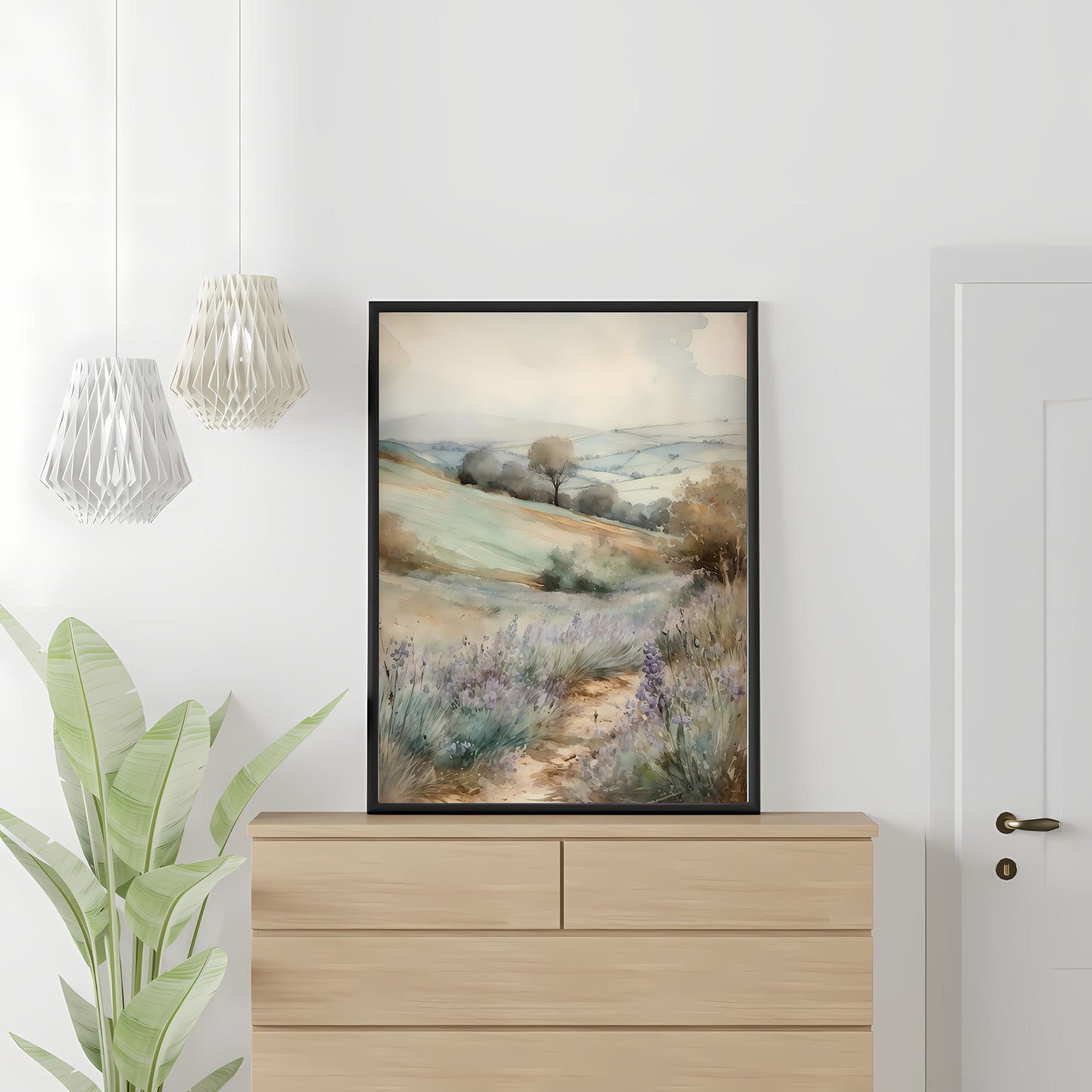 French Lavender Meadow Watercolor Painting Paper Poster Prints French Valley, Rolling Hills, Soft Pastel Colors, Rustic Home Decor Art