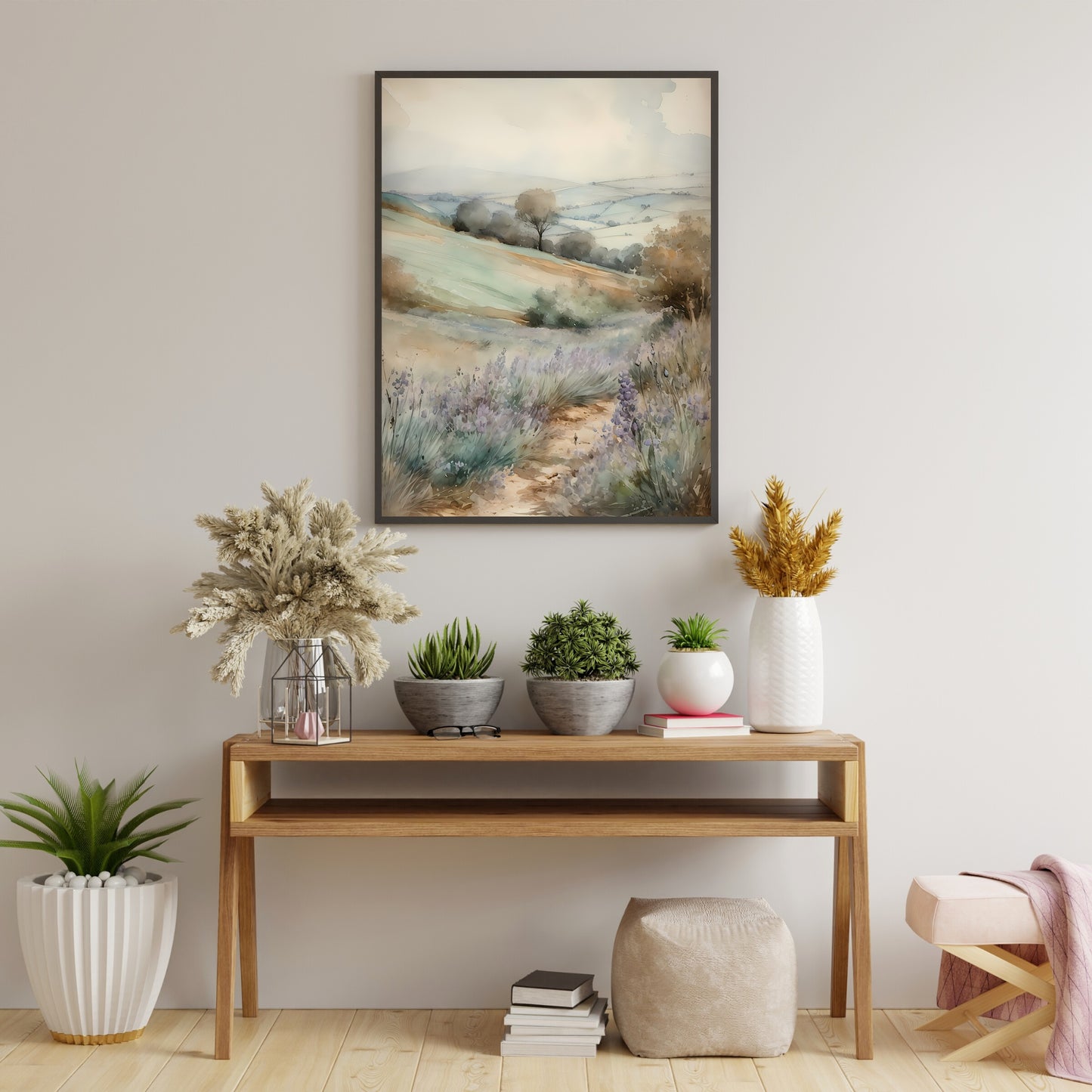 French Lavender Meadow Watercolor Painting Paper Poster Prints French Valley, Rolling Hills, Soft Pastel Colors, Rustic Home Decor Art