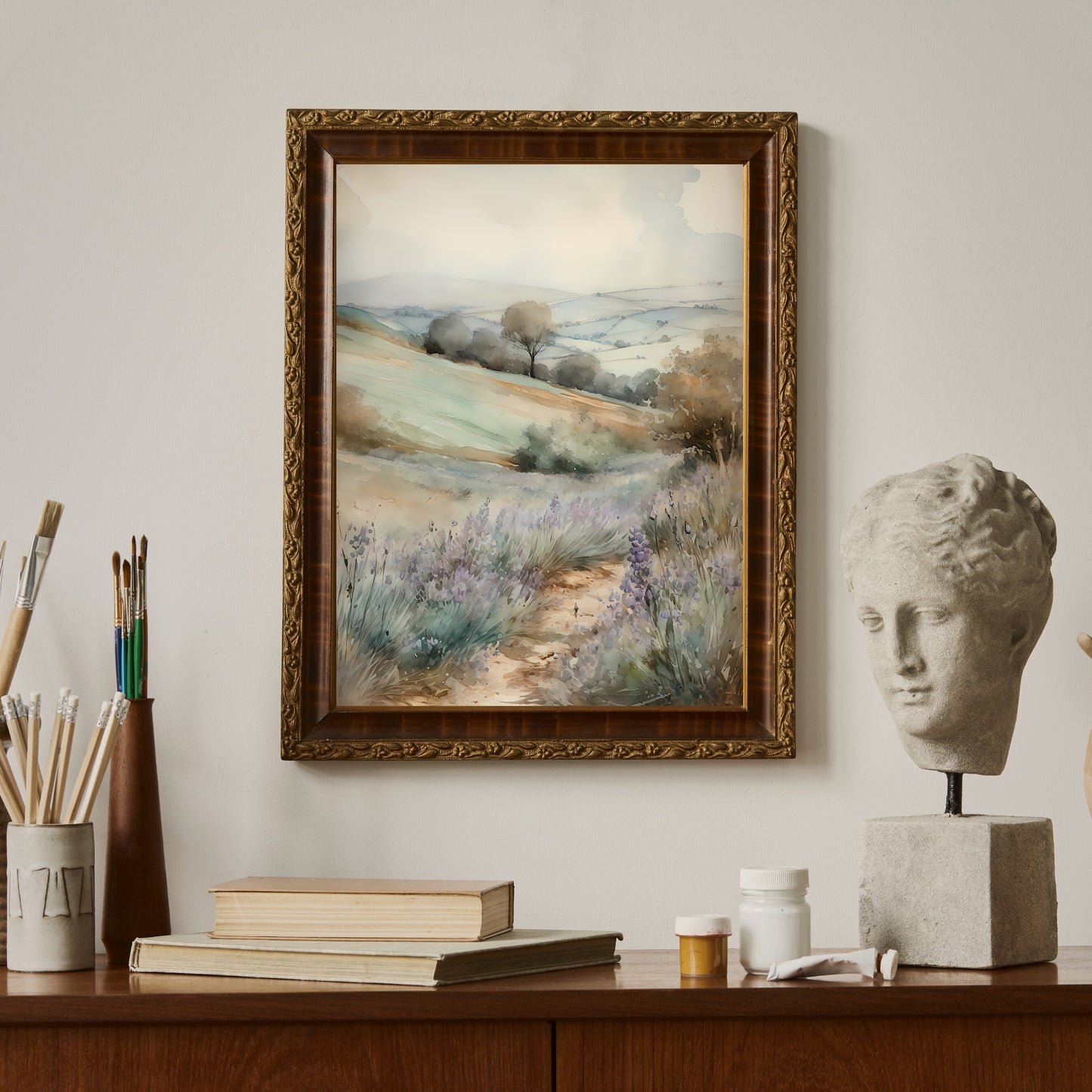 French Lavender Meadow Watercolor Painting Paper Poster Prints French Valley, Rolling Hills, Soft Pastel Colors, Rustic Home Decor Art