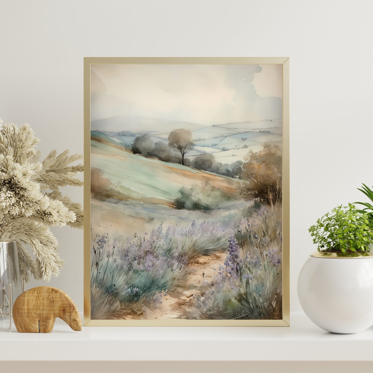 French Lavender Meadow Watercolor Painting Paper Poster Prints French Valley, Rolling Hills, Soft Pastel Colors, Rustic Home Decor Art