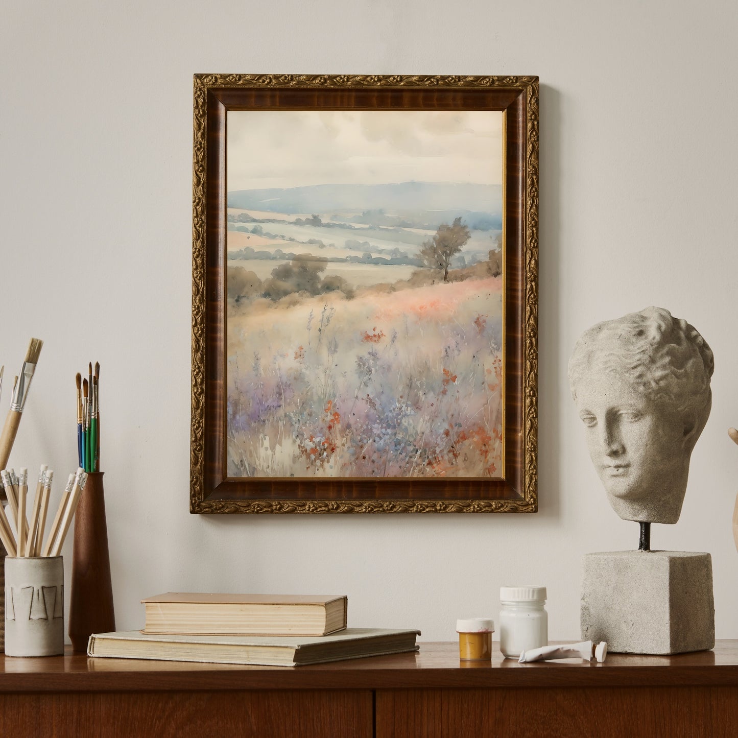 French Lavender Wildflower Meadow Watercolor Painting Paper Poster Prints French Valley, Rolling Hills, Soft Pastel Colors, Rustic Home Decor Art, muted