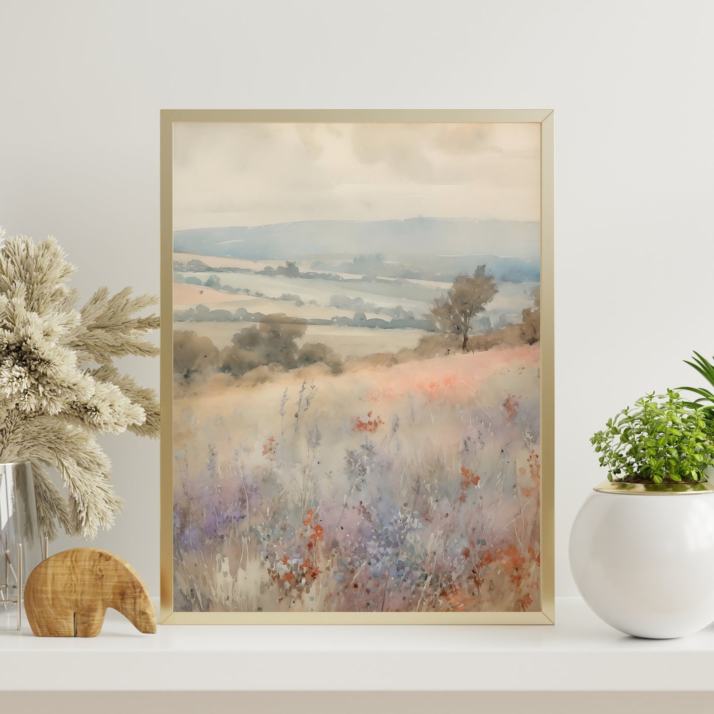 French Lavender Wildflower Meadow Watercolor Painting Paper Poster Prints French Valley, Rolling Hills, Soft Pastel Colors, Rustic Home Decor Art, muted
