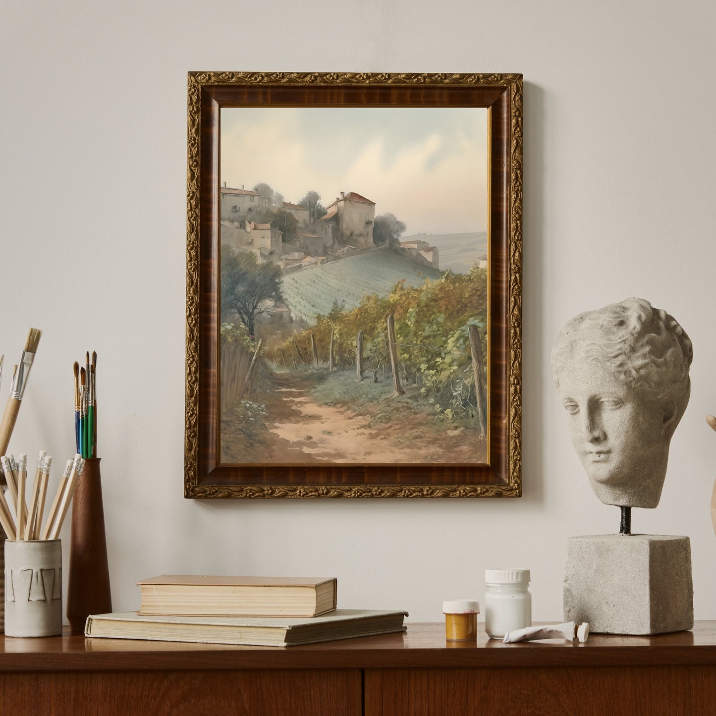 French Vineyard Watercolor Painting Paper Poster Prints Path Through Lush Countryside with Small Village in the Distance, Soft Pale Colors for Home Decor
