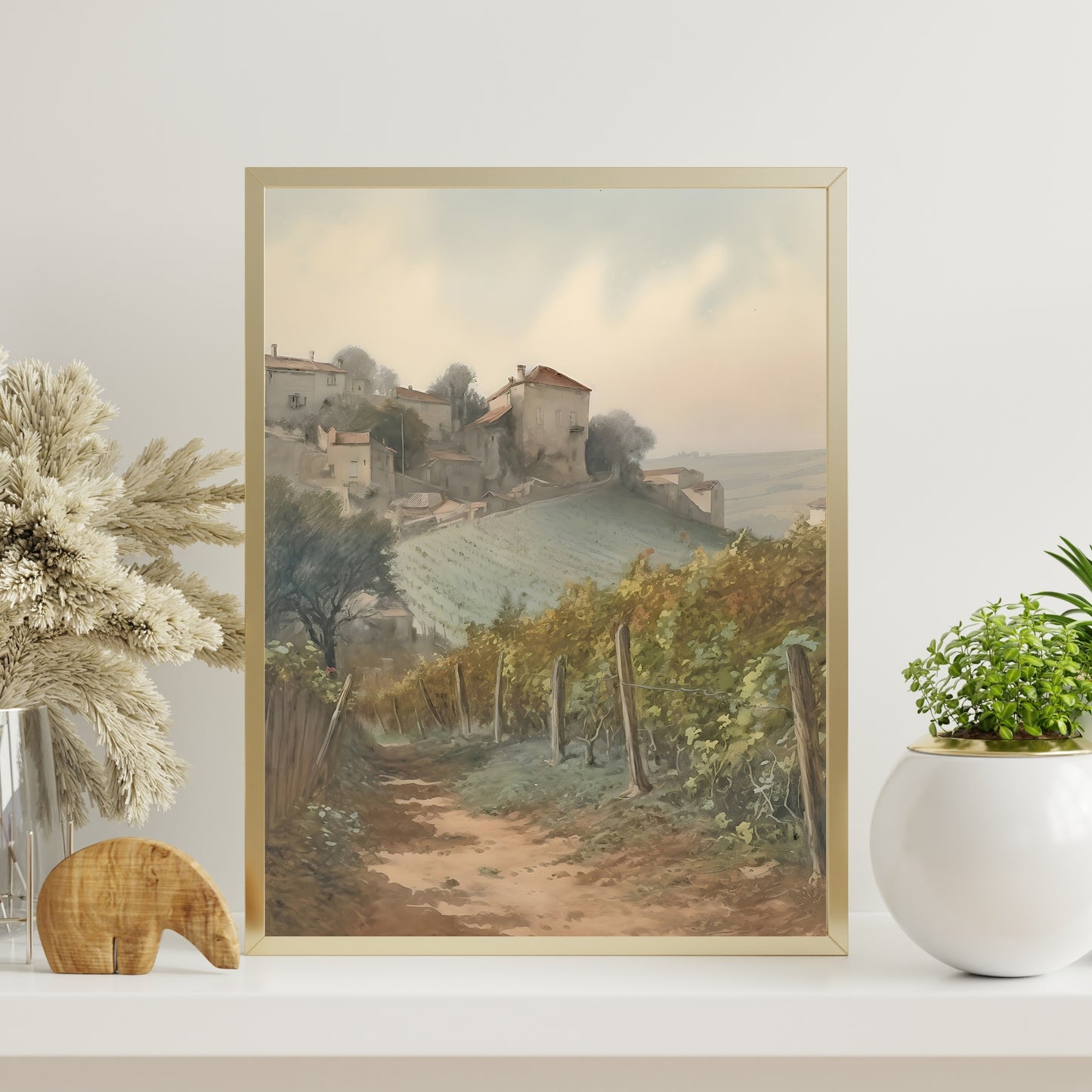 French Vineyard Watercolor Painting Paper Poster Prints Path Through Lush Countryside with Small Village in the Distance, Soft Pale Colors for Home Decor