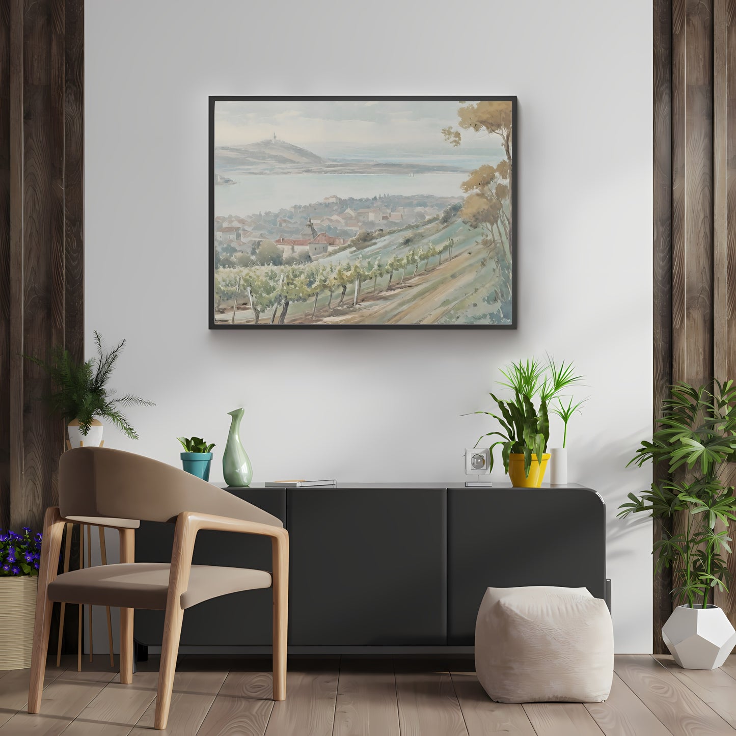 French Vineyard Hillside Watercolor Painting Paper Poster Prints Village by Lake, Rolling Hills, Earthy Muted Colors, Rustic Home Decor Art