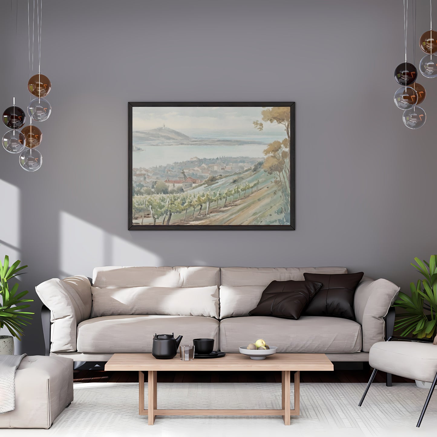 French Vineyard Hillside Watercolor Painting Paper Poster Prints Village by Lake, Rolling Hills, Earthy Muted Colors, Rustic Home Decor Art