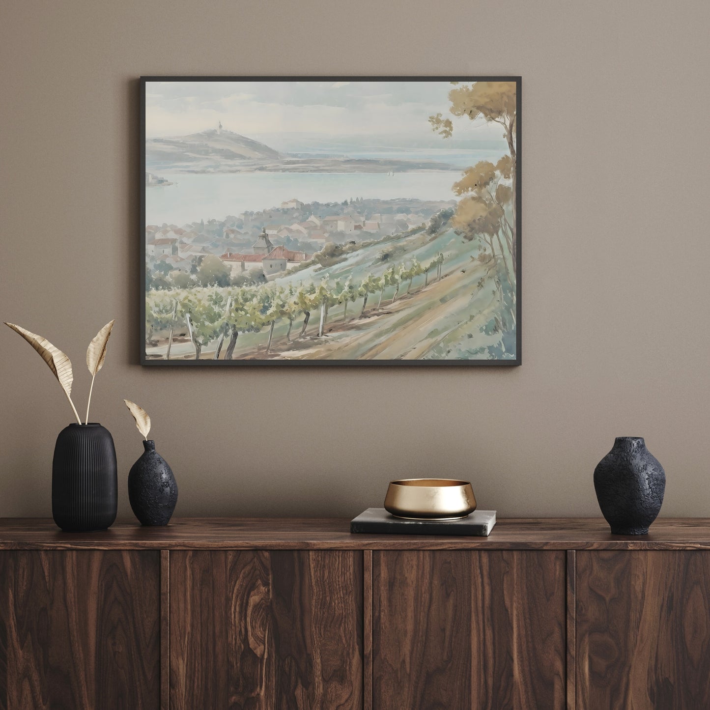 French Vineyard Hillside Watercolor Painting Paper Poster Prints Village by Lake, Rolling Hills, Earthy Muted Colors, Rustic Home Decor Art