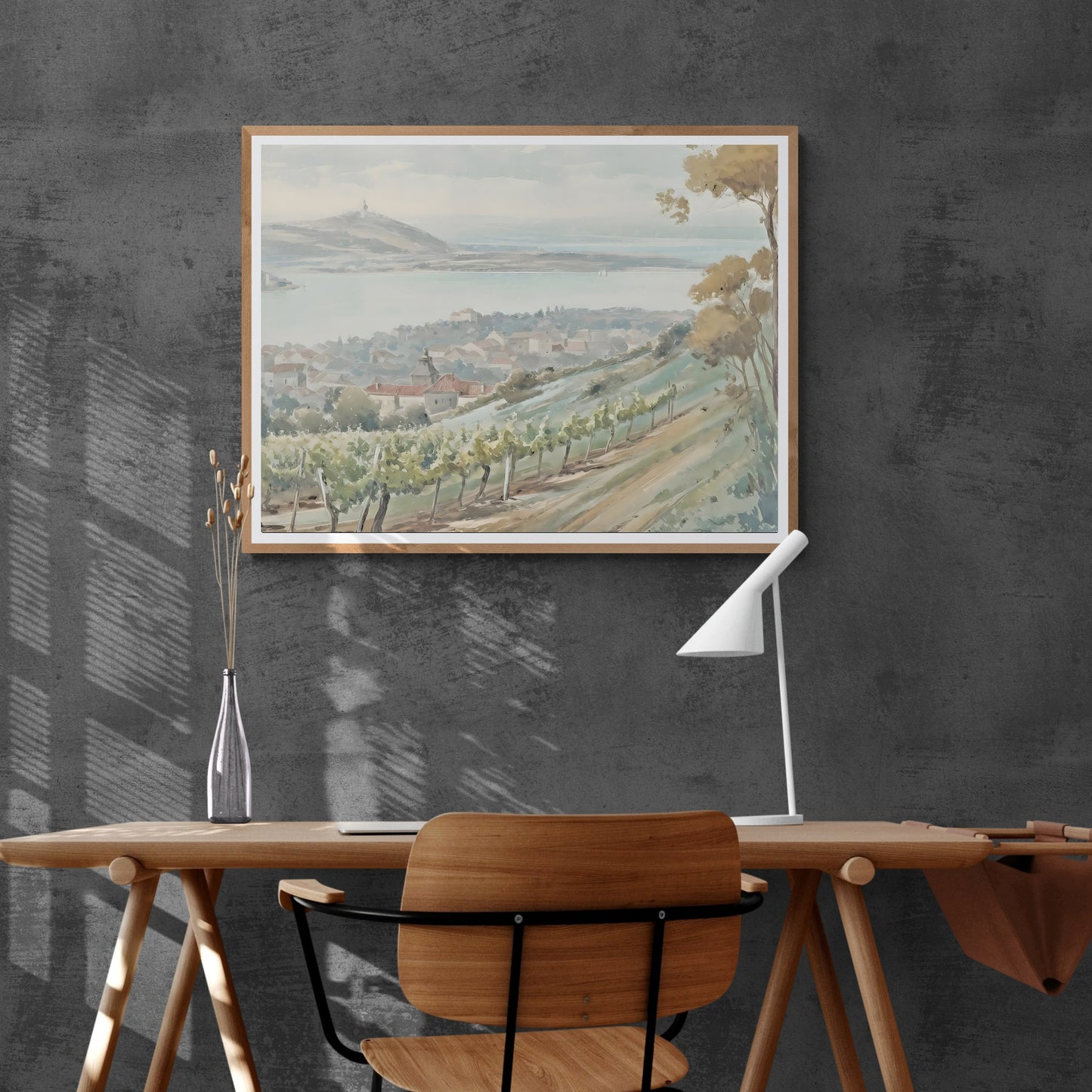 French Vineyard Hillside Watercolor Painting Paper Poster Prints Village by Lake, Rolling Hills, Earthy Muted Colors, Rustic Home Decor Art