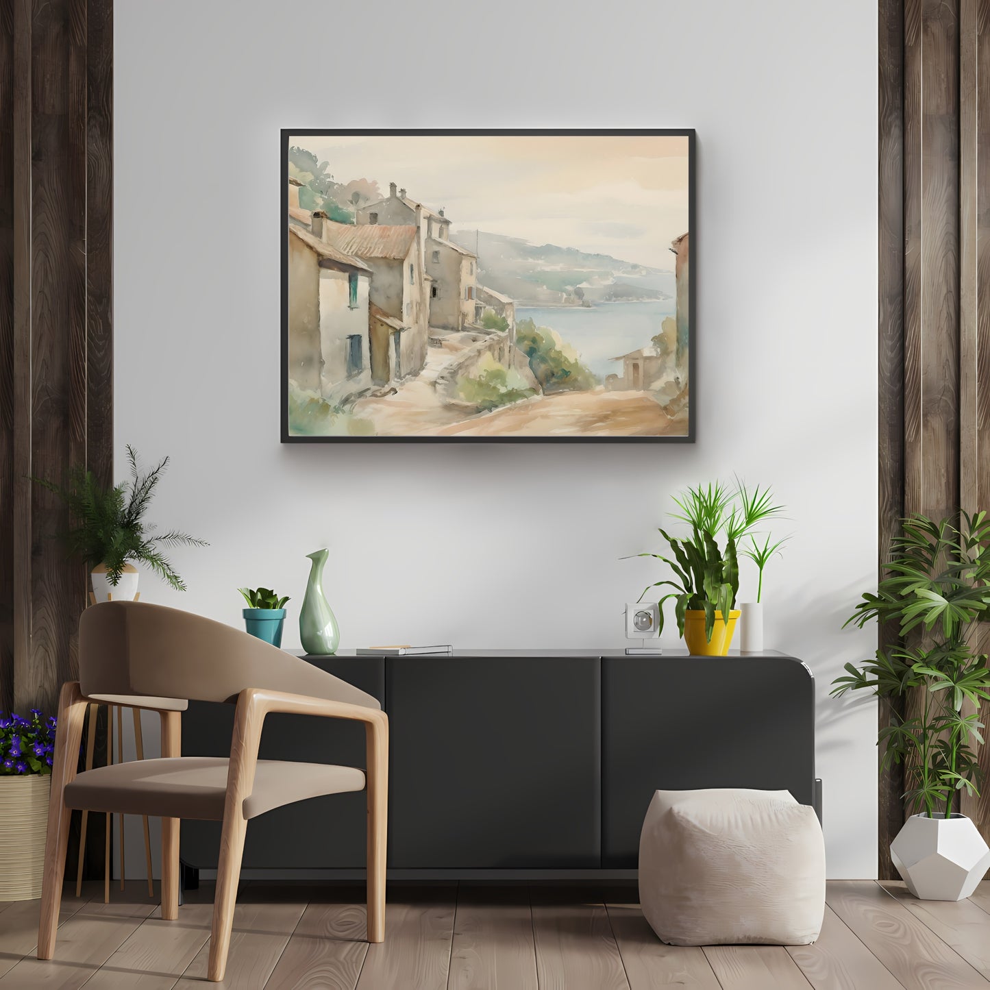 French Countryside Watercolor Painting Paper Poster Prints Quaint Old Village Nestled Among Green Hills, Road Leading to Tranquil Coast, Soft Pale Colors