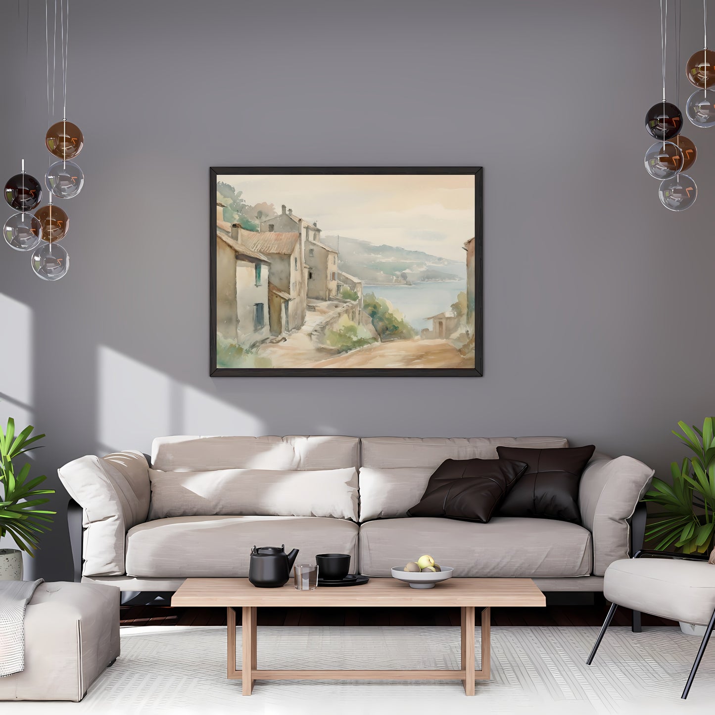 French Countryside Watercolor Painting Paper Poster Prints Quaint Old Village Nestled Among Green Hills, Road Leading to Tranquil Coast, Soft Pale Colors