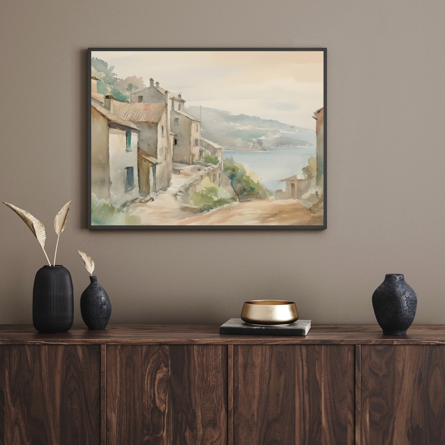 French Countryside Watercolor Painting Paper Poster Prints Quaint Old Village Nestled Among Green Hills, Road Leading to Tranquil Coast, Soft Pale Colors