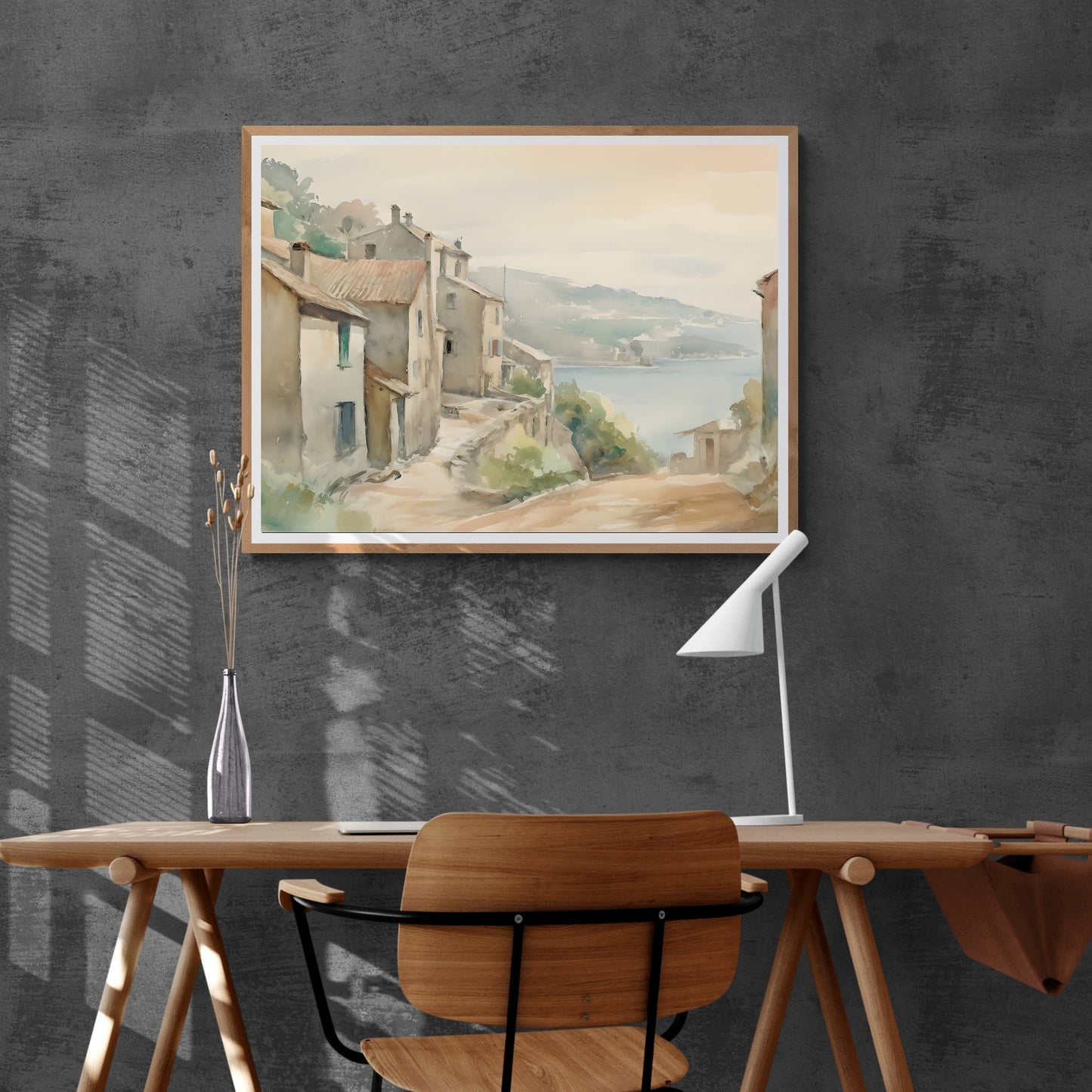 French Countryside Watercolor Painting Paper Poster Prints Quaint Old Village Nestled Among Green Hills, Road Leading to Tranquil Coast, Soft Pale Colors