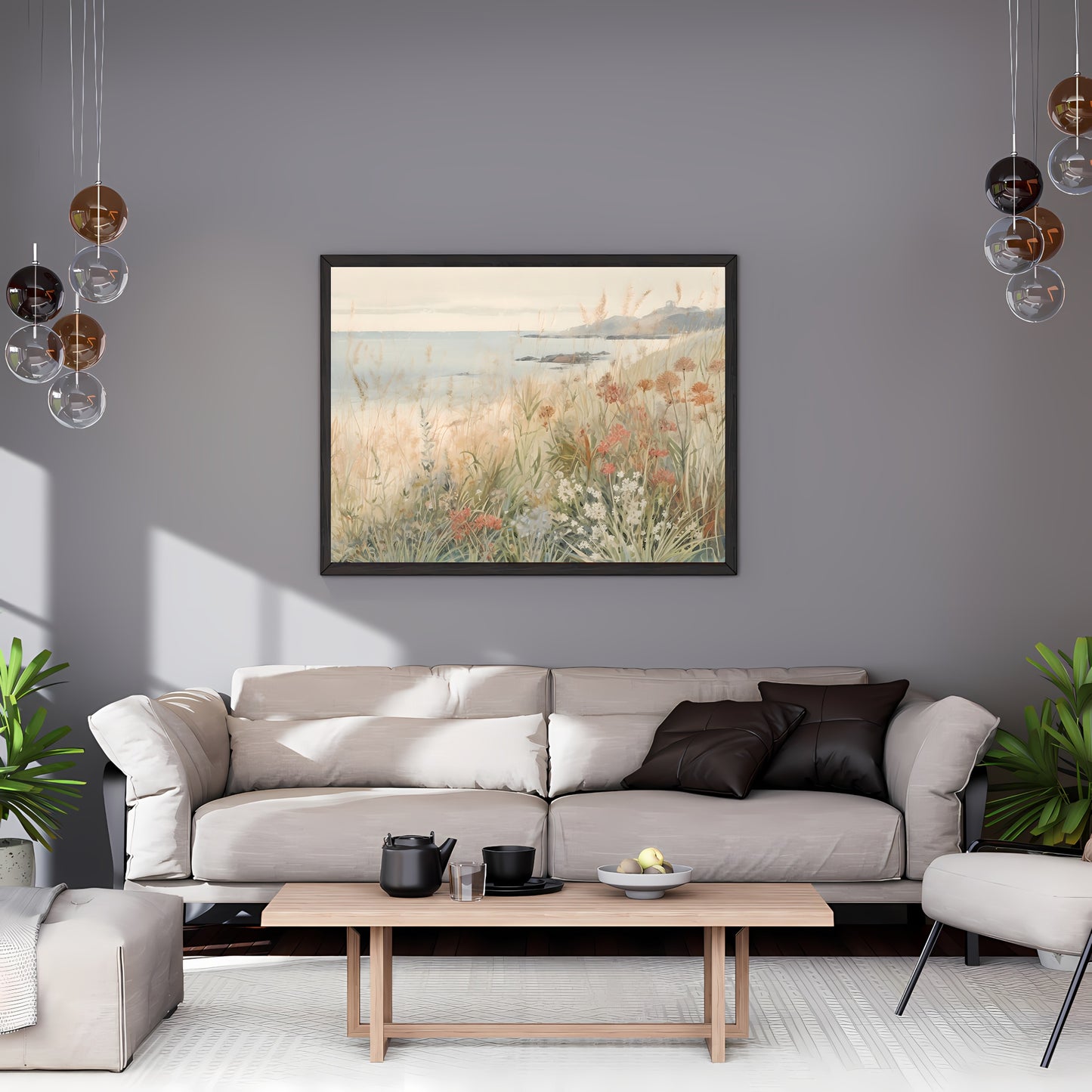 French Coastal Wildflower Meadow Watercolor Painting Paper Poster Prints Hills, Blooming Flowers, Seaside Village, Rustic Home Decor Art, Pastel Colors