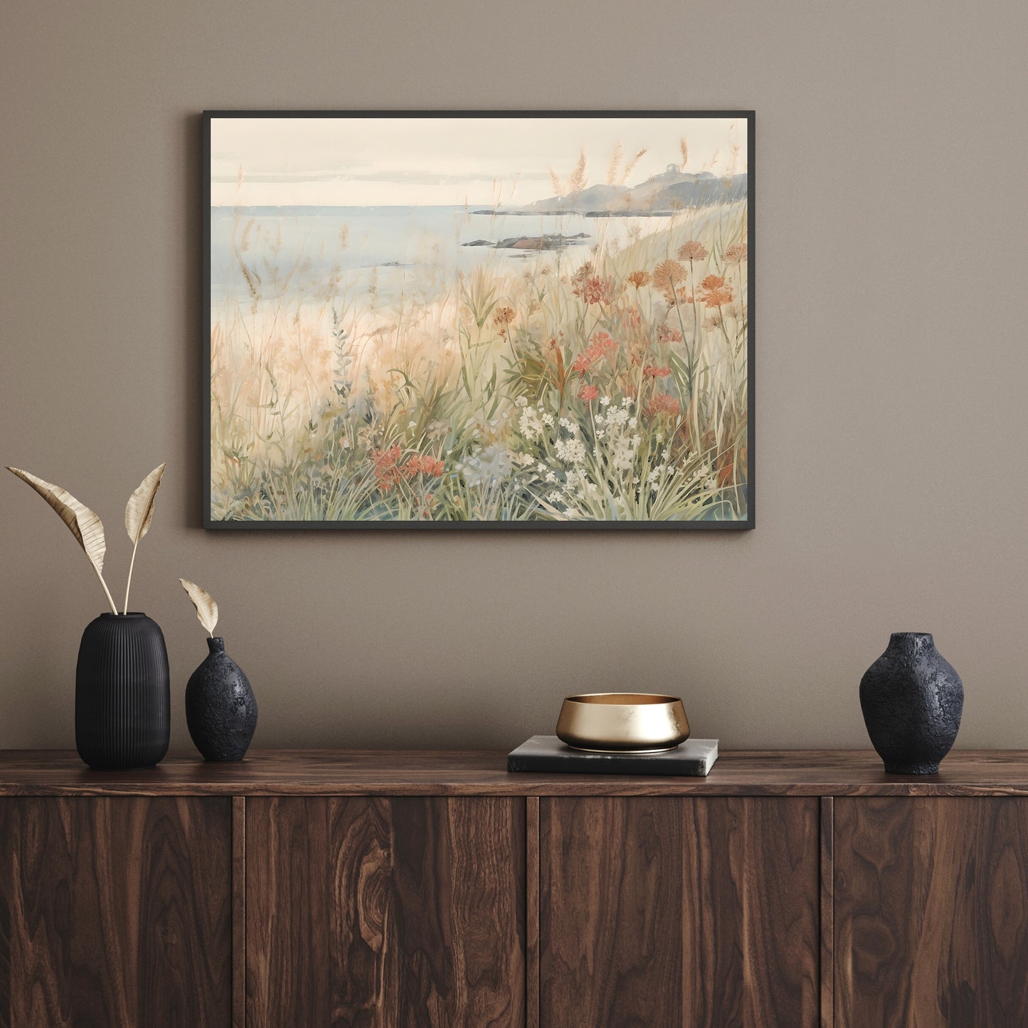 French Coastal Wildflower Meadow Watercolor Painting Paper Poster Prints Hills, Blooming Flowers, Seaside Village, Rustic Home Decor Art, Pastel Colors