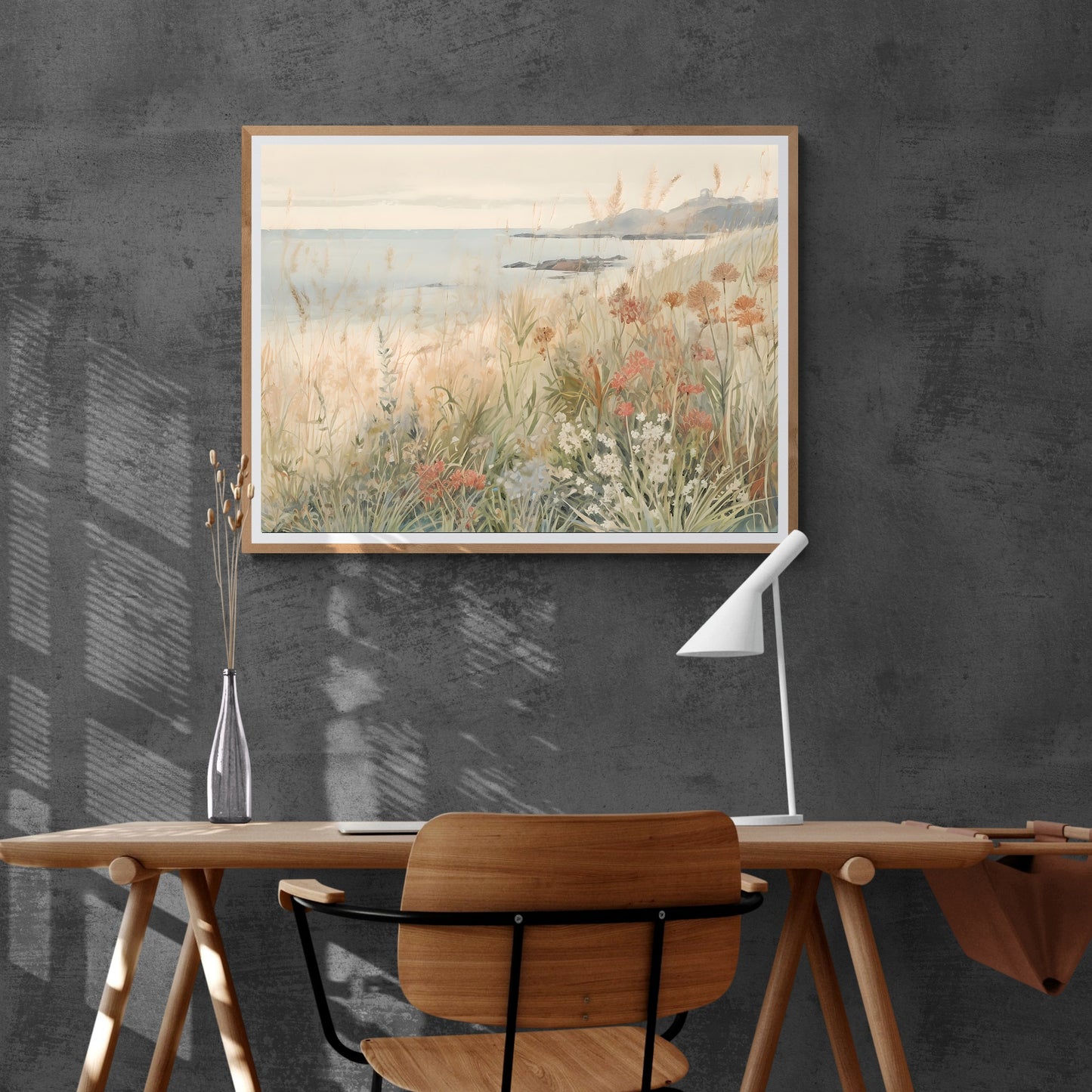 French Coastal Wildflower Meadow Watercolor Painting Paper Poster Prints Hills, Blooming Flowers, Seaside Village, Rustic Home Decor Art, Pastel Colors