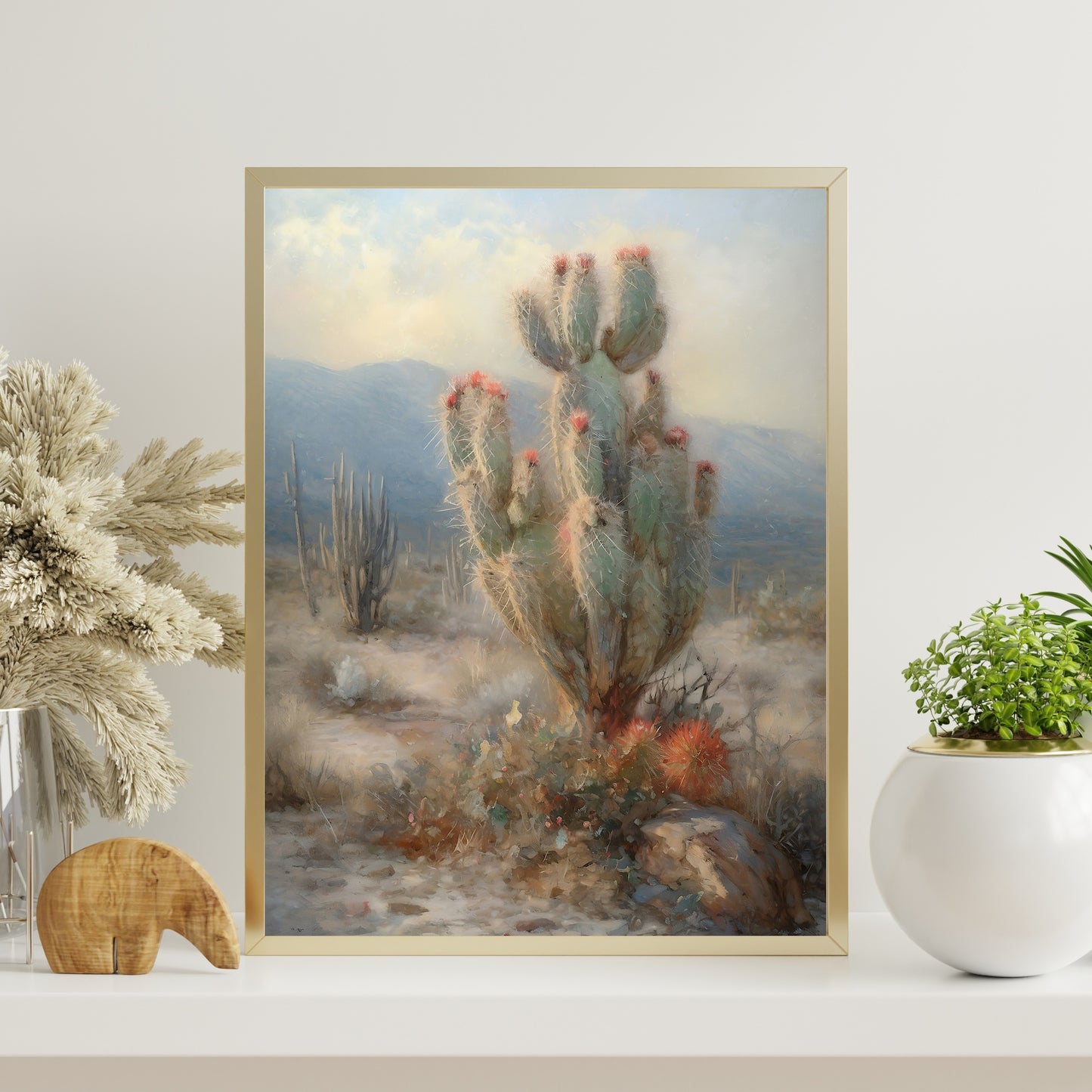 Vintage Blooming Cactus Paper Poster Prints Wall Art Californian Desert Wild West Decor, Soft Pale Colors, Country Wall Art, Western Painting