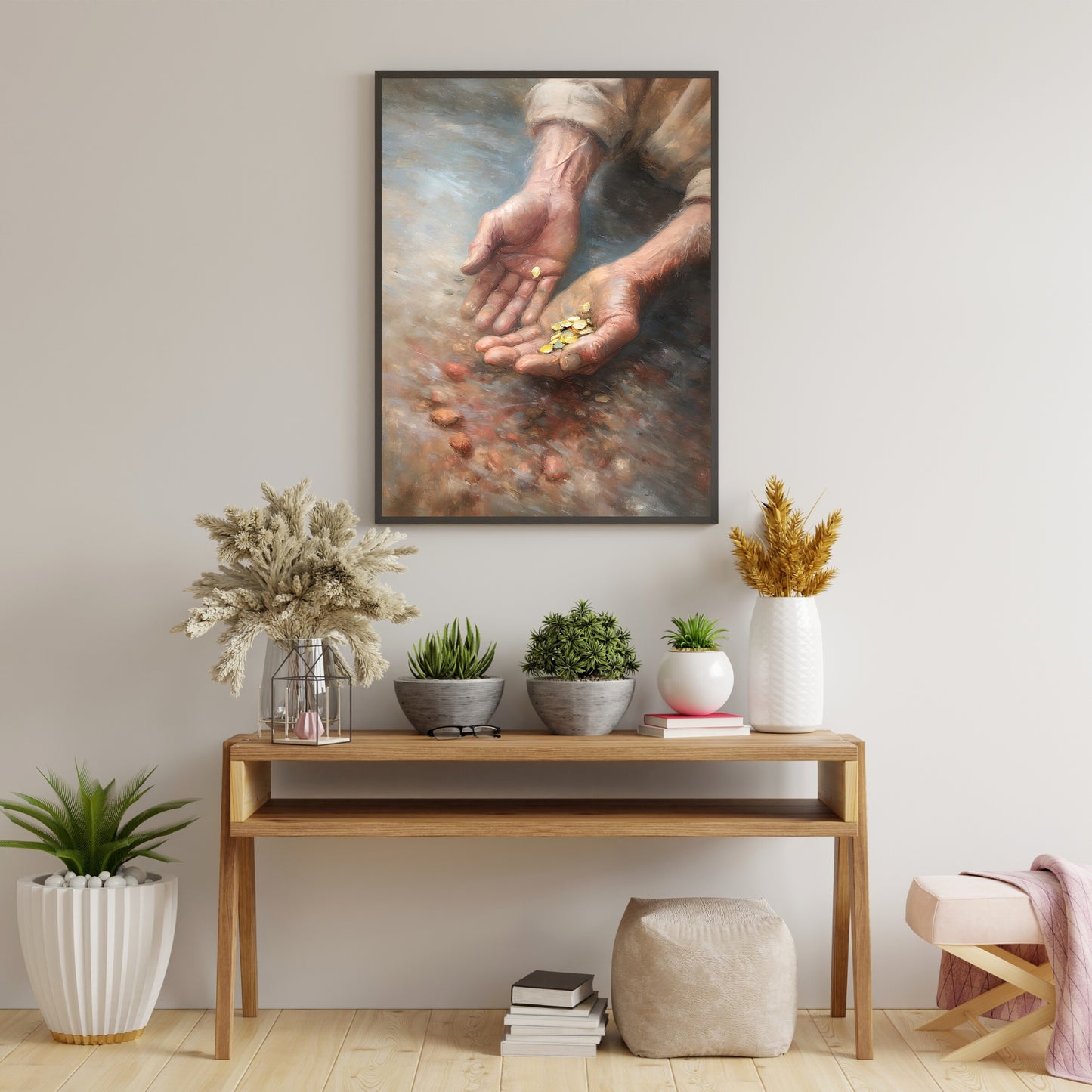 Vintage Gold Rush Paper Poster Prints Wall Art Old Man's Hands Holding Gold Over Dawson City River, Klondike, Pale Soft Colors