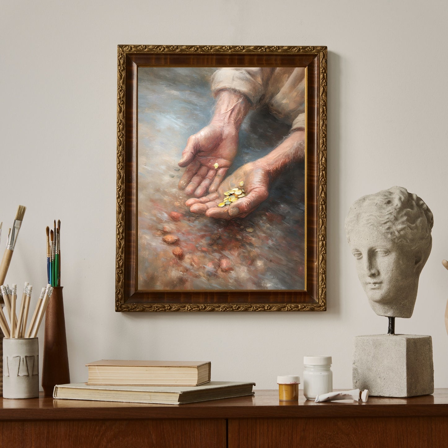 Vintage Gold Rush Paper Poster Prints Wall Art Old Man's Hands Holding Gold Over Dawson City River, Klondike, Pale Soft Colors