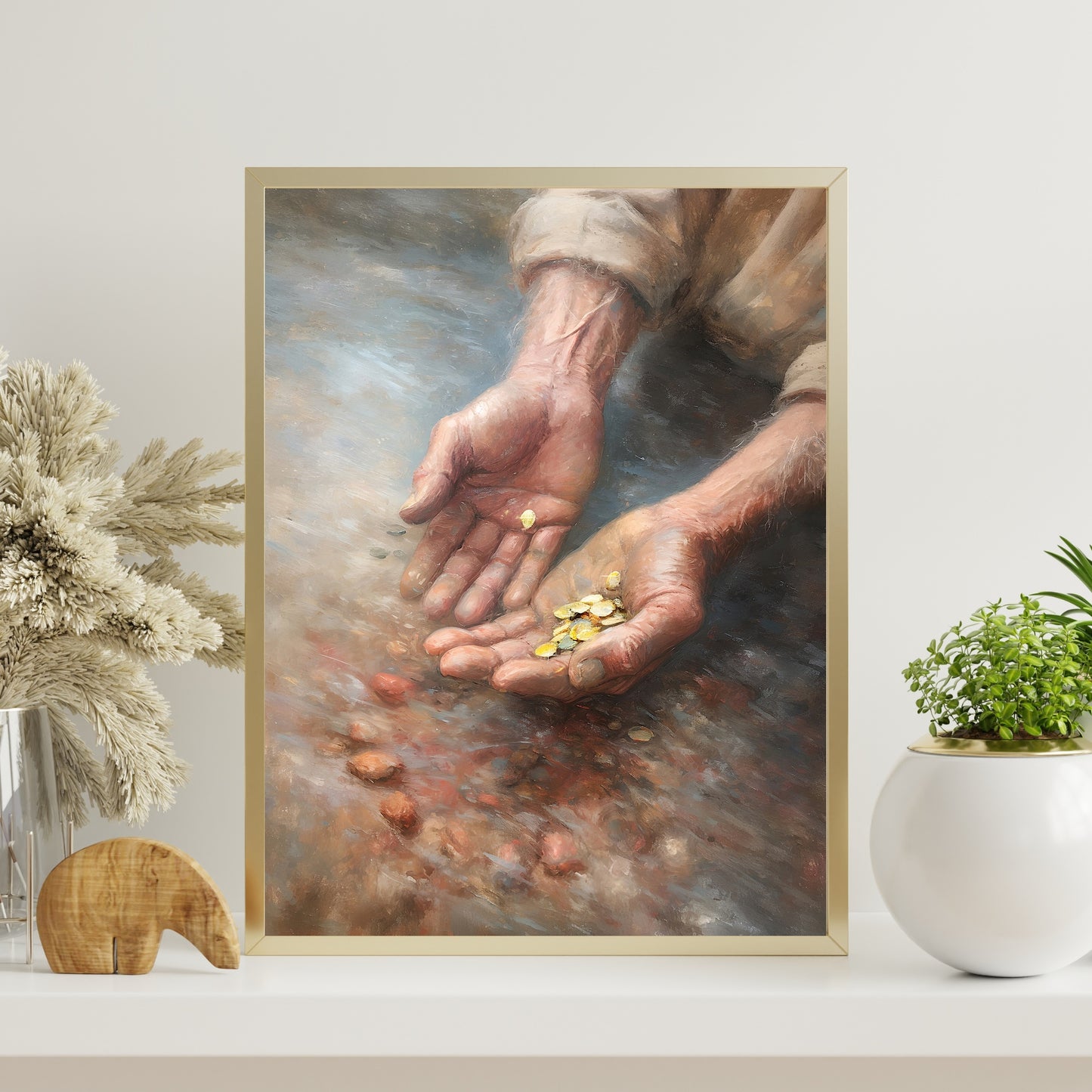 Vintage Gold Rush Paper Poster Prints Wall Art Old Man's Hands Holding Gold Over Dawson City River, Klondike, Pale Soft Colors