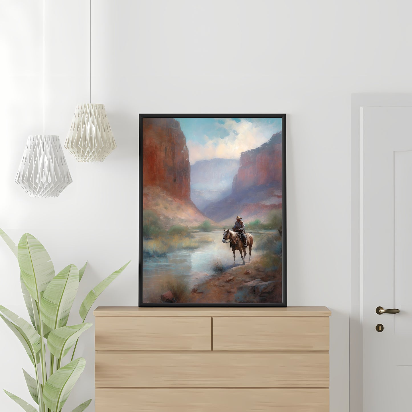 Vintage Wild West Paper Poster Prints Wall Art Lone Rider and Horse Crossing Shallow River between Red Canyons, Soft Pale Colors, Cowboy Painting
