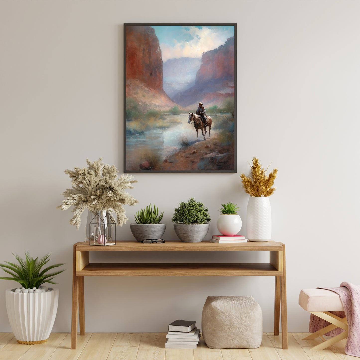 Vintage Wild West Paper Poster Prints Wall Art Lone Rider and Horse Crossing Shallow River between Red Canyons, Soft Pale Colors, Cowboy Painting