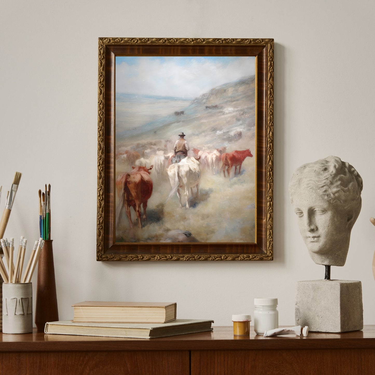 Vintage Wild West Paper Poster Prints Wall Art Cowboy Tending Cattle Herd Down into Valley, Soft Pale Colors, Wild West Art