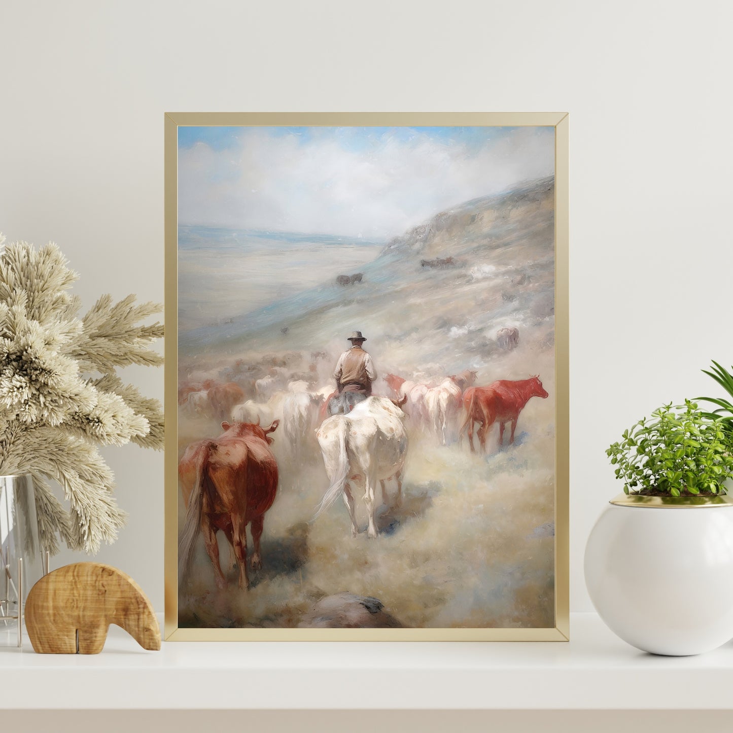 Vintage Wild West Paper Poster Prints Wall Art Cowboy Tending Cattle Herd Down into Valley, Soft Pale Colors, Wild West Art