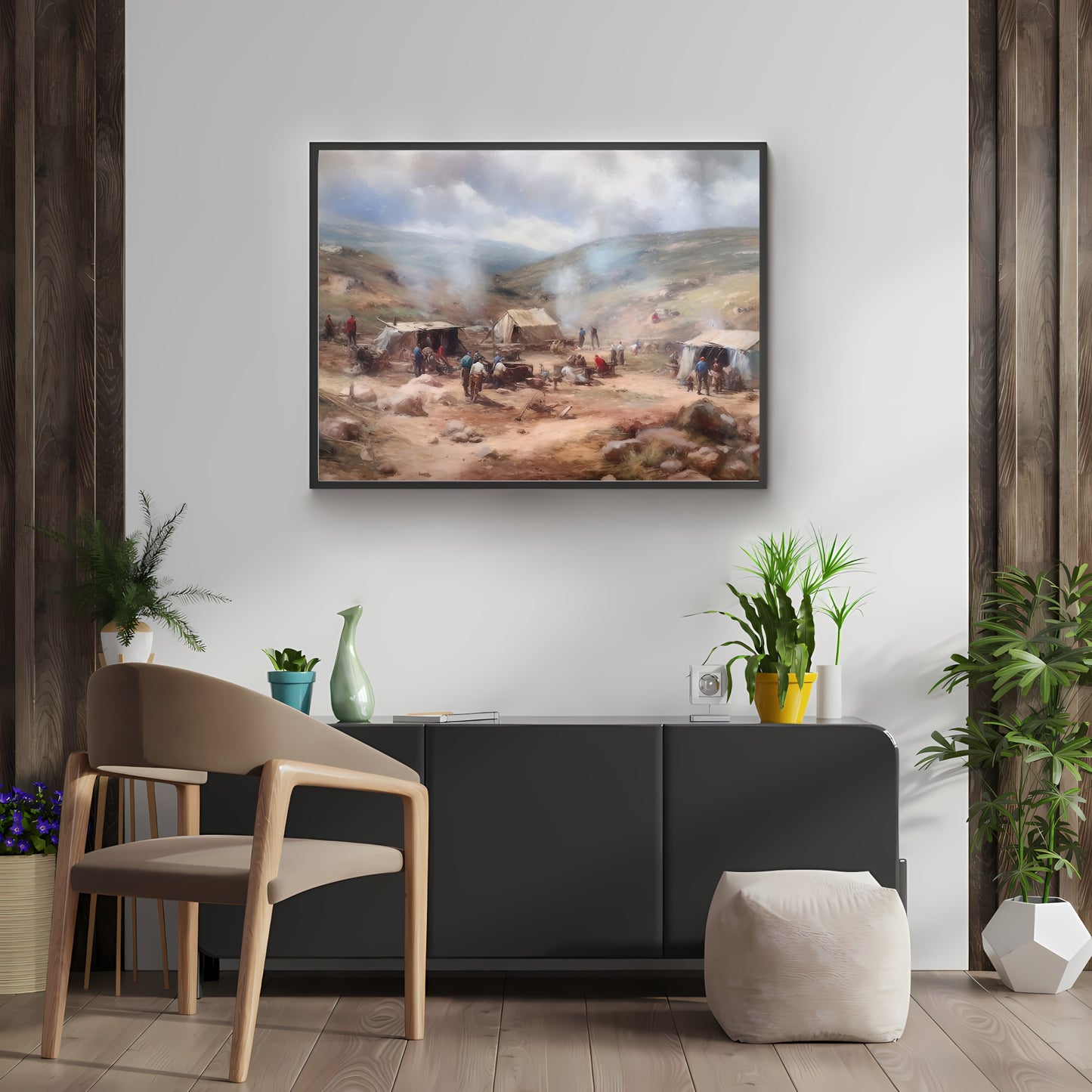 Vintage Wild West Paper Poster Prints Wall Art Small Settler Camp in the Frontier, Pioneer days, Soft Pale Colors, Wild West Art