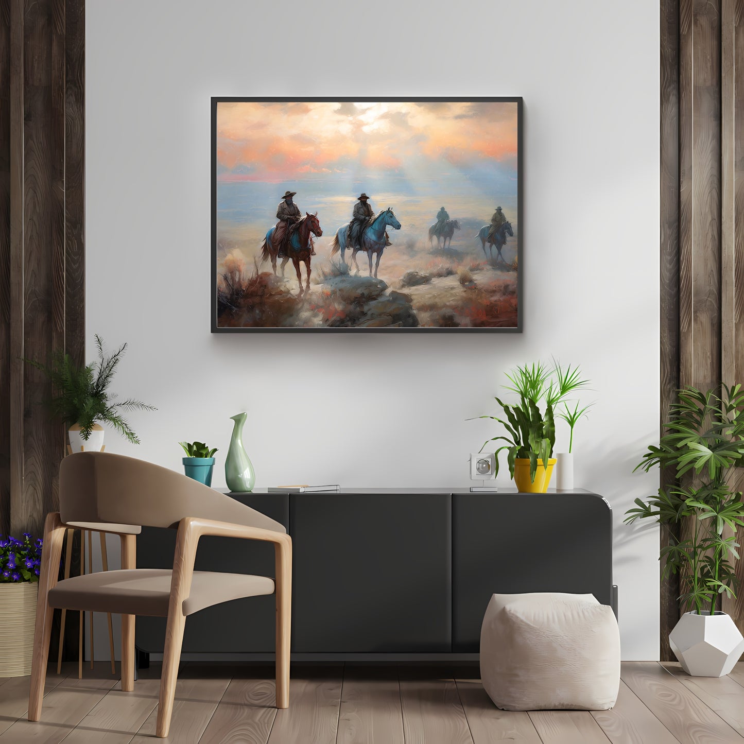 Vintage Wild West Paper Poster Prints Wall Art Four Outlaws Riding Horses in Californian Desert Sunset, Soft Pale Colors, Wild West Art, Cowboys