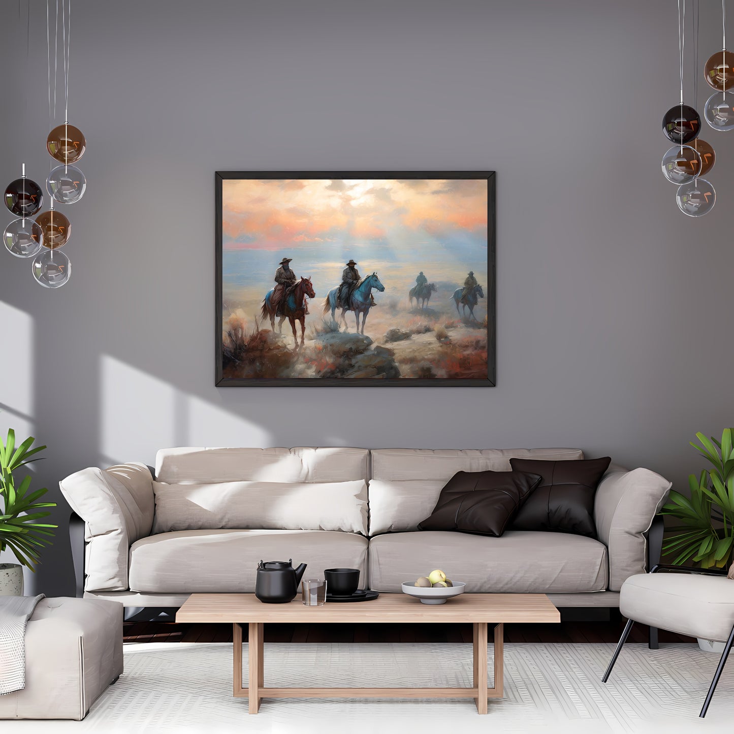 Vintage Wild West Paper Poster Prints Wall Art Four Outlaws Riding Horses in Californian Desert Sunset, Soft Pale Colors, Wild West Art, Cowboys