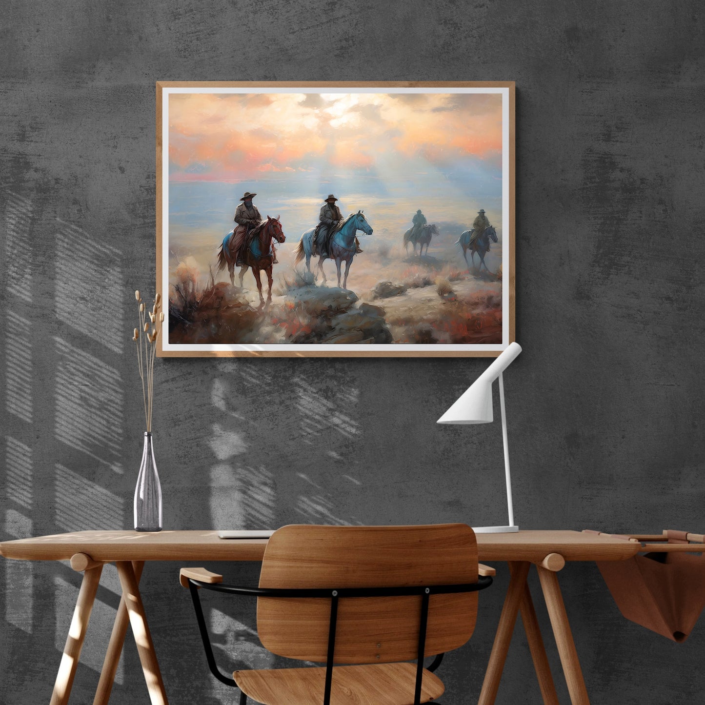 Vintage Wild West Paper Poster Prints Wall Art Four Outlaws Riding Horses in Californian Desert Sunset, Soft Pale Colors, Wild West Art, Cowboys