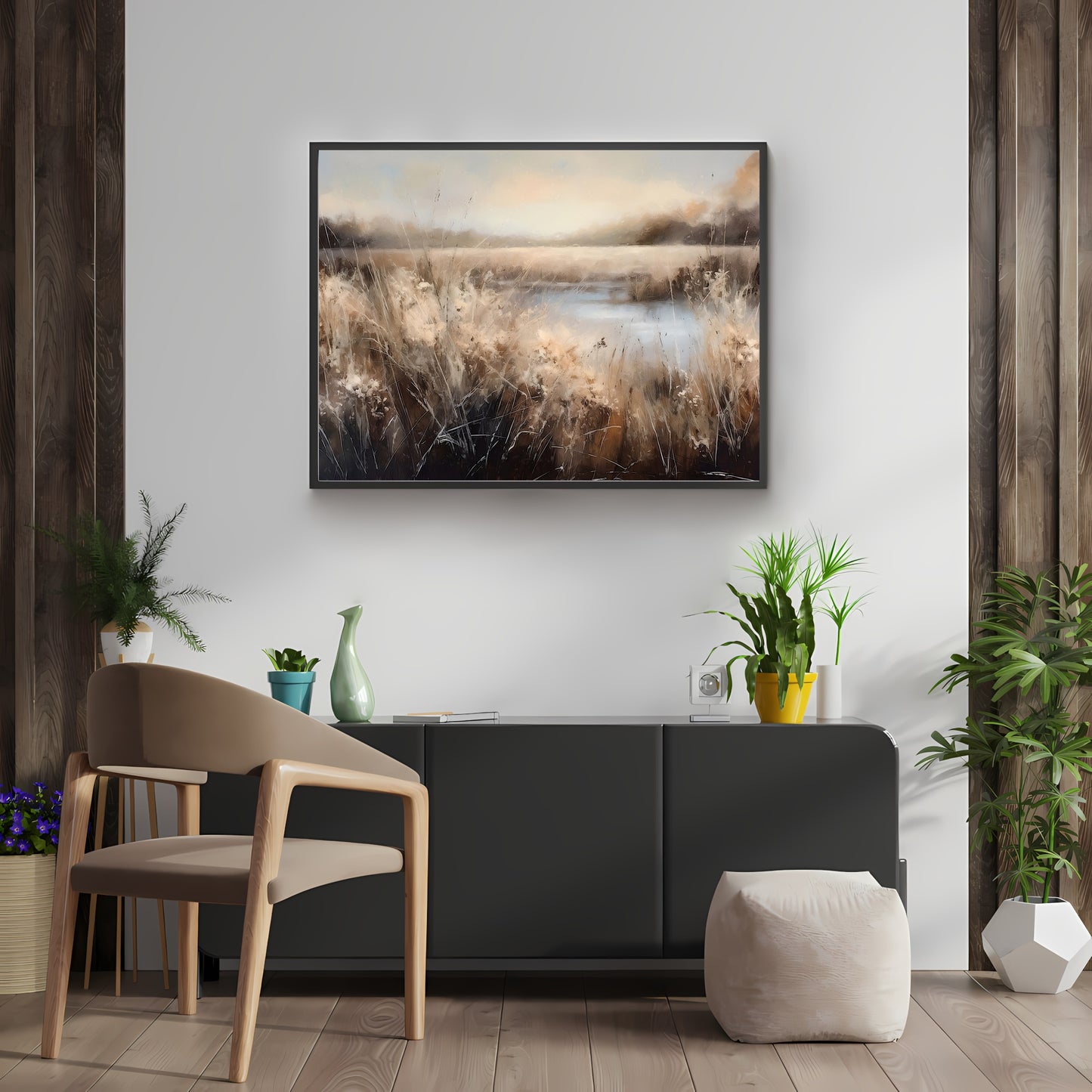 Pond and Reed Landscape Paper Poster Prints Wall Art, Impressionistic Abstract Oil Painting, Earth Tones, Digital Download, Home Decor, Meadow Print