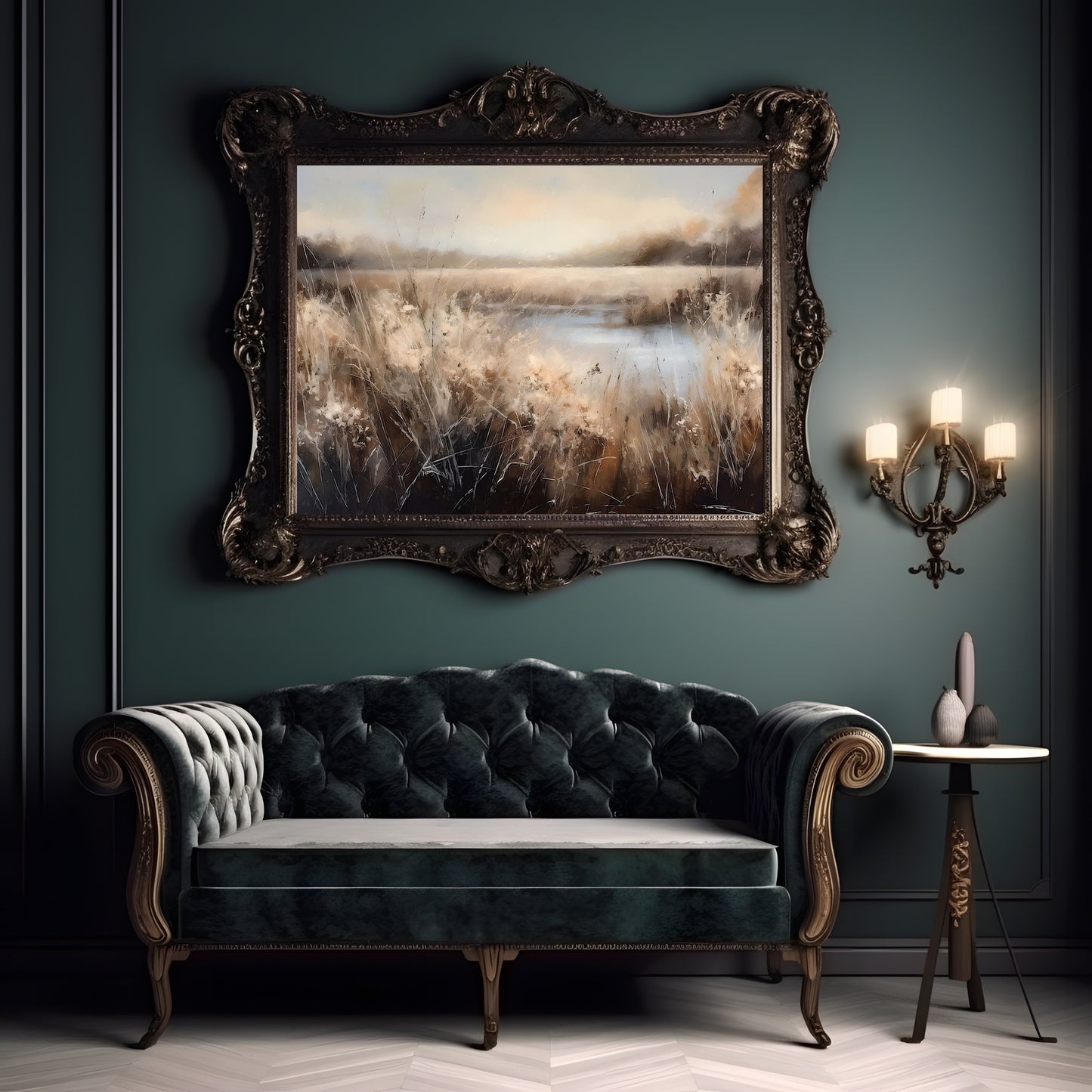 Pond and Reed Landscape Paper Poster Prints Wall Art, Impressionistic Abstract Oil Painting, Earth Tones, Digital Download, Home Decor, Meadow Print