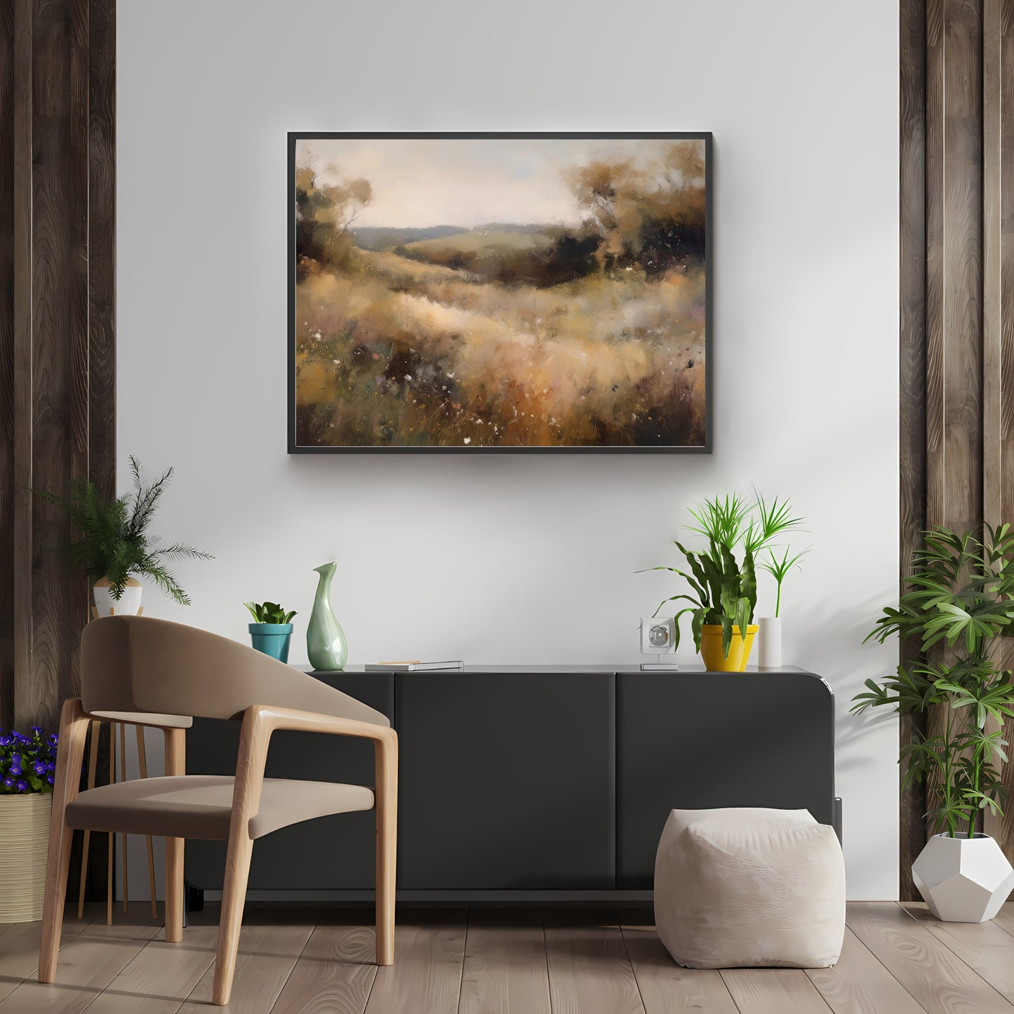 Vintage Wildflower Meadow Oil Painting Paper Poster Prints Wall Art Rural Countryside, Hazy Weather, Earth Tone Colors, Timeless Nature Home Decor