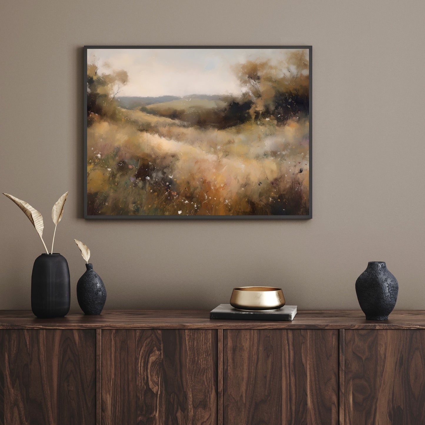 Vintage Wildflower Meadow Oil Painting Paper Poster Prints Wall Art Rural Countryside, Hazy Weather, Earth Tone Colors, Timeless Nature Home Decor