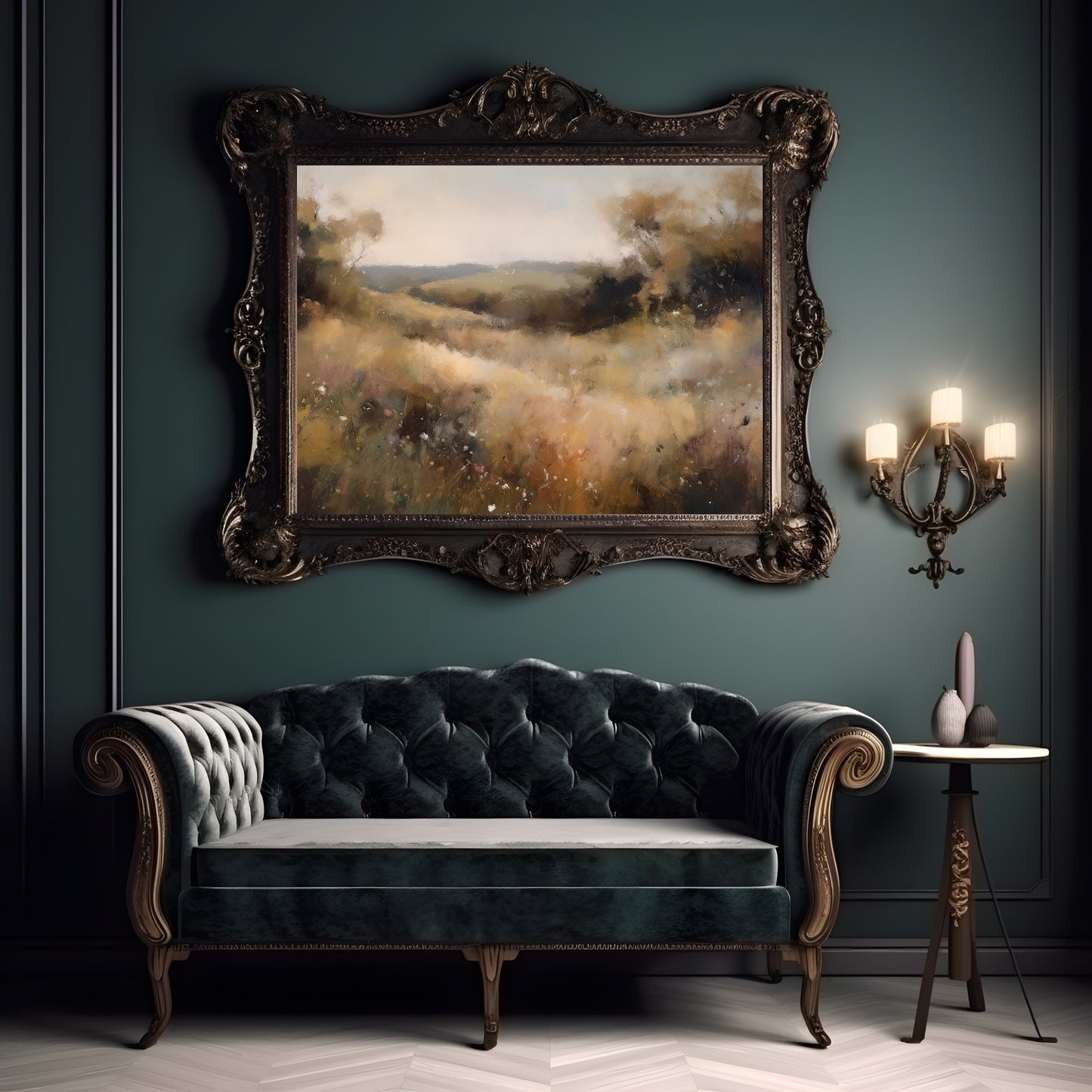 Vintage Wildflower Meadow Oil Painting Paper Poster Prints Wall Art Rural Countryside, Hazy Weather, Earth Tone Colors, Timeless Nature Home Decor