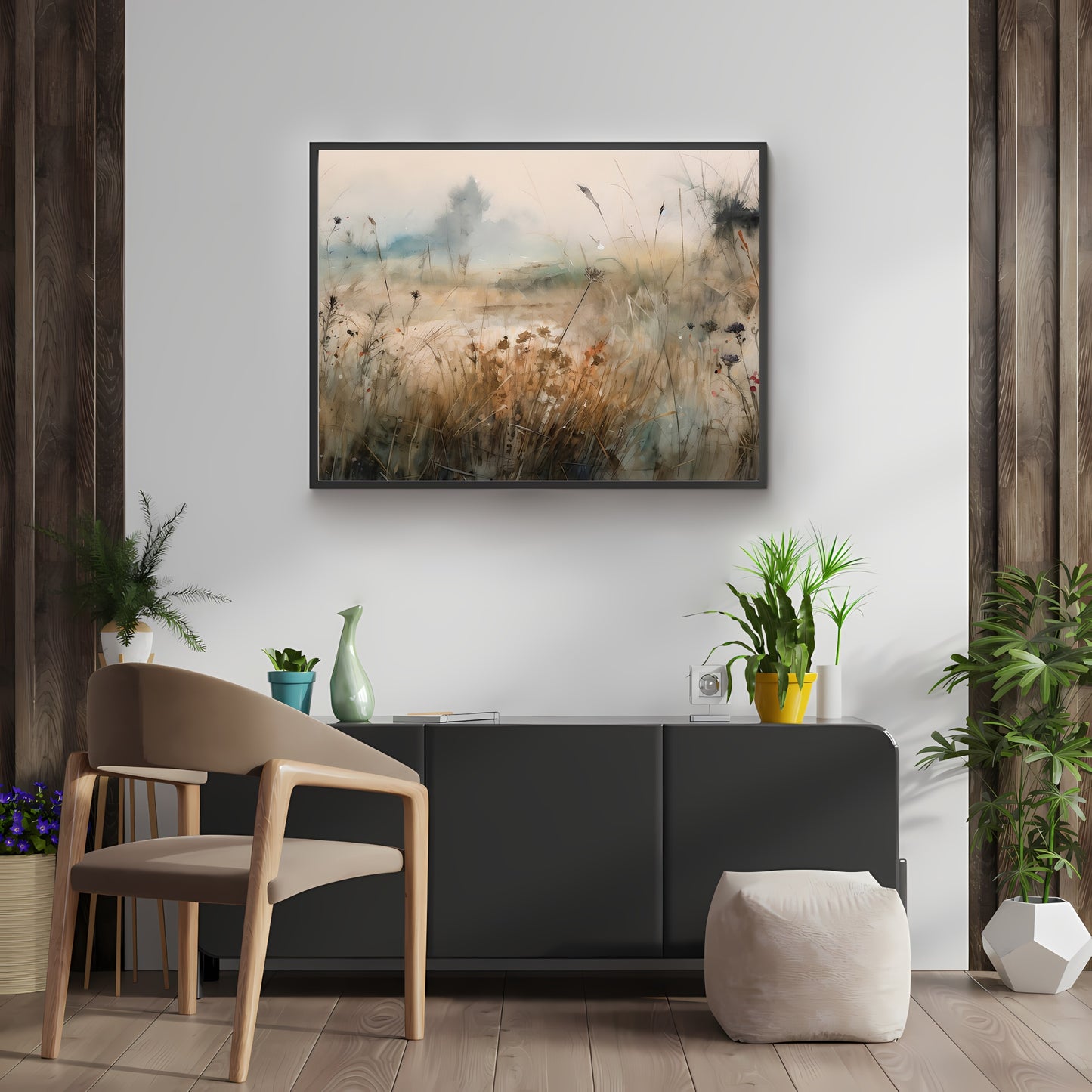 Foggy Morning Meadow Art Paper Poster Prints Impressionistic Wildflower Print, Earth Tone Wall Decor, Soft Grey-Blue Trees, Nature Painting, Serene