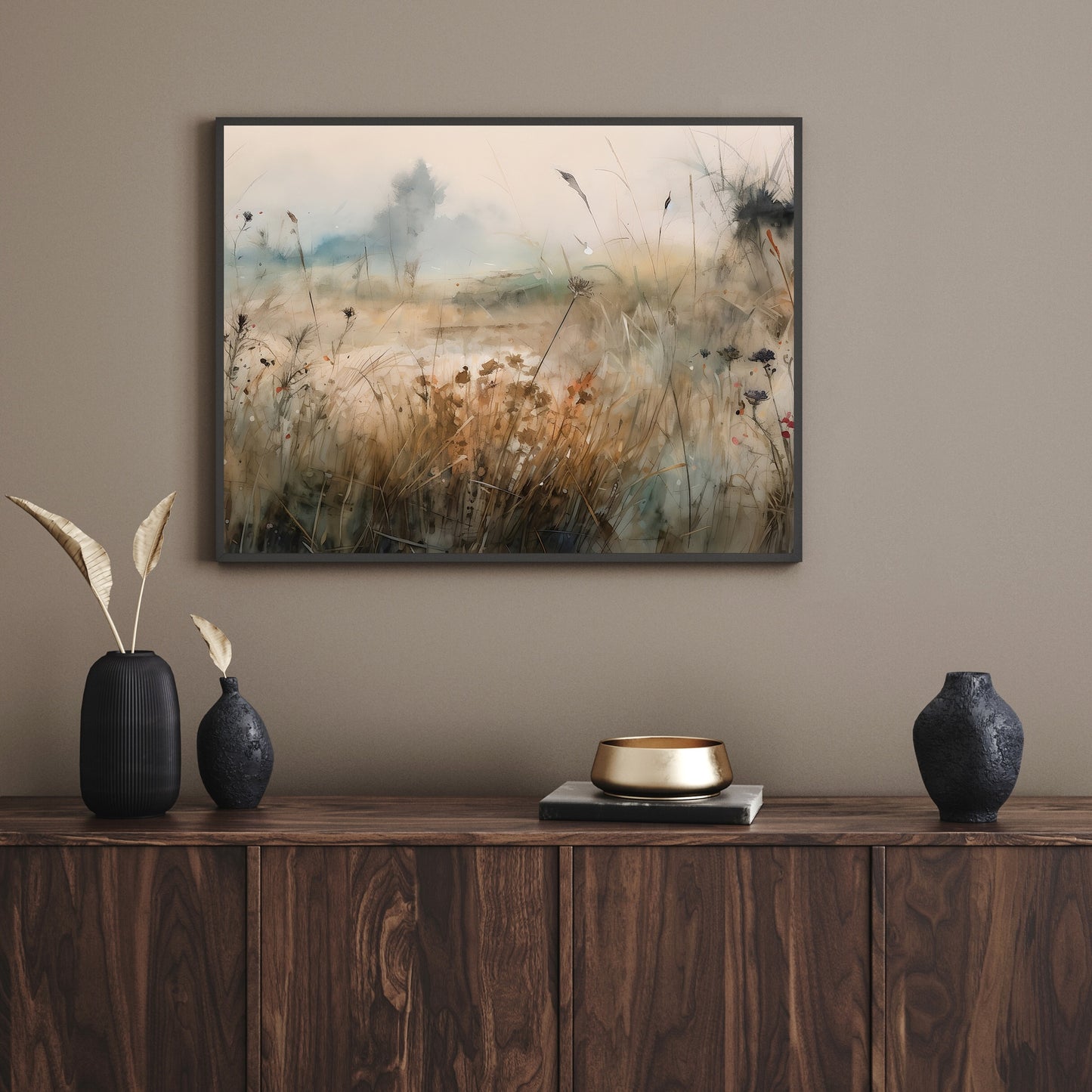 Foggy Morning Meadow Art Paper Poster Prints Impressionistic Wildflower Print, Earth Tone Wall Decor, Soft Grey-Blue Trees, Nature Painting, Serene
