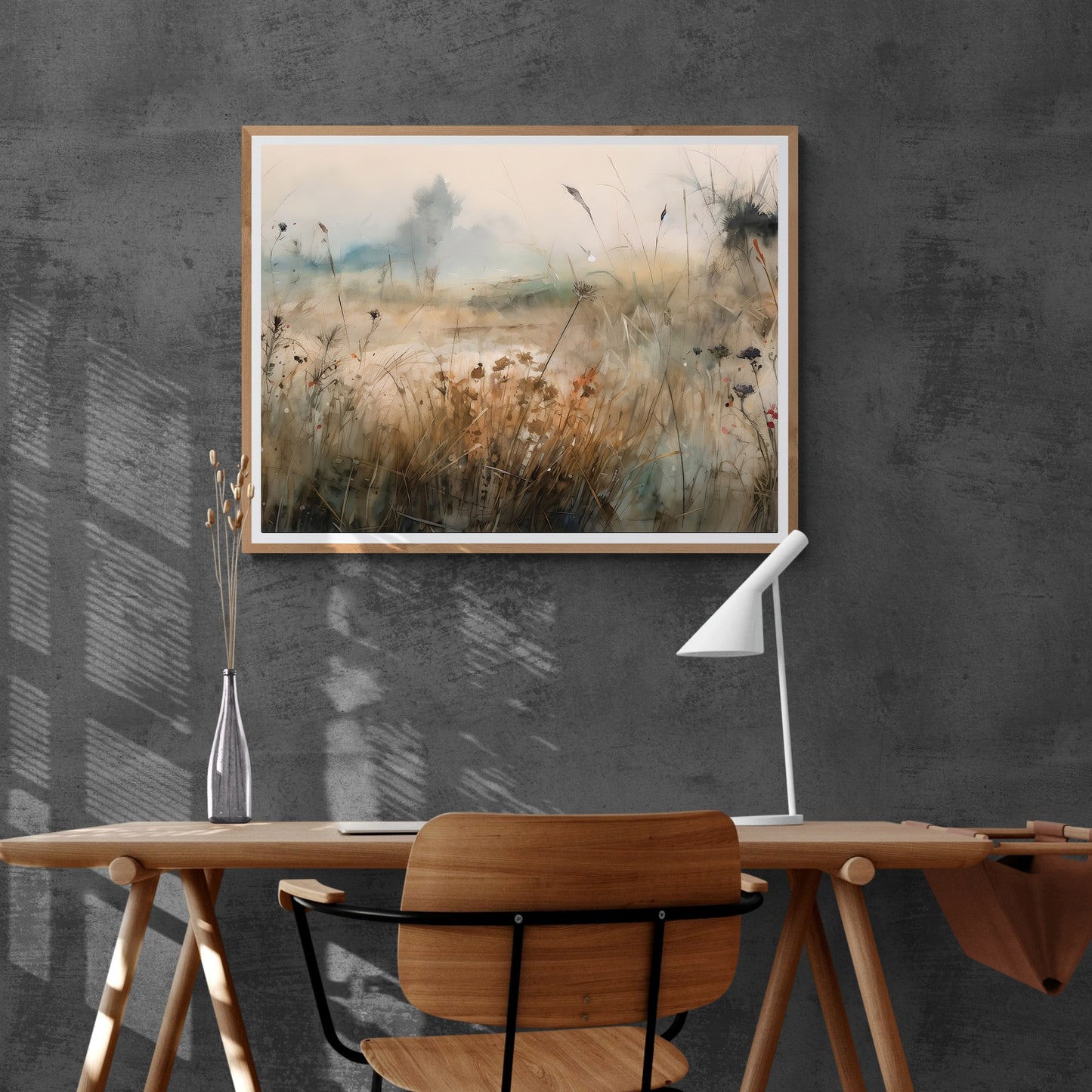 Foggy Morning Meadow Art Paper Poster Prints Impressionistic Wildflower Print, Earth Tone Wall Decor, Soft Grey-Blue Trees, Nature Painting, Serene